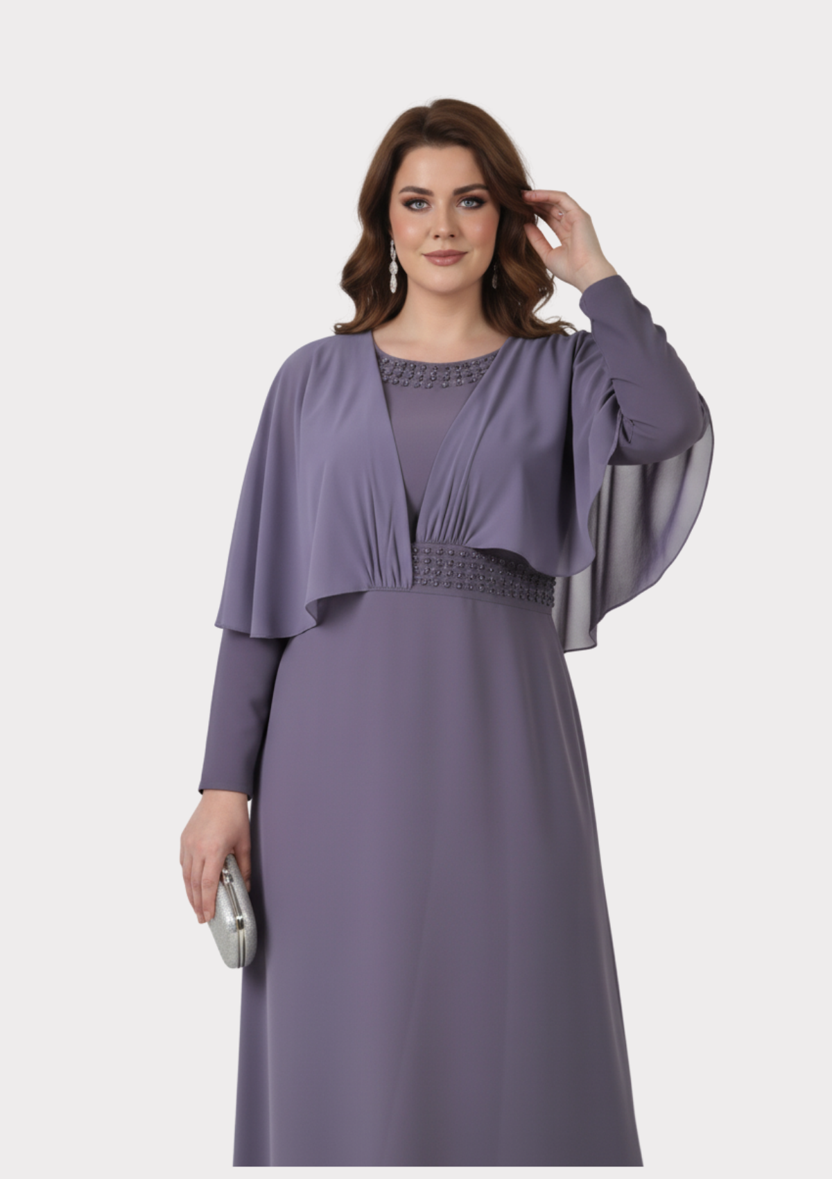 Büyük Beden Lila Renkli Uzun Kollu Şifon Abiye Elbise