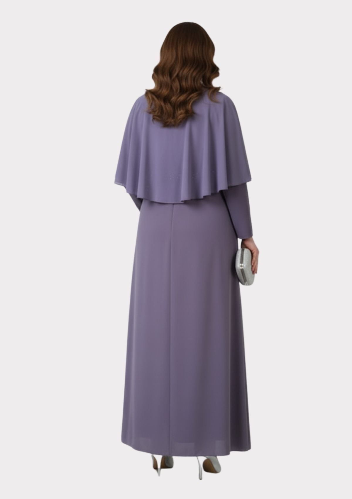 Büyük Beden Lila Renkli Uzun Kollu Şifon Abiye Elbise