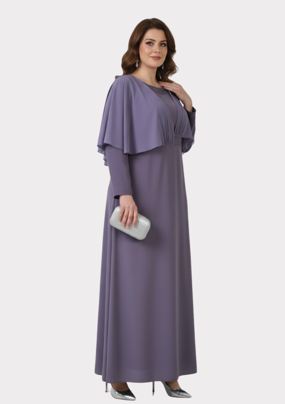 Büyük Beden Lila Renkli Uzun Kollu Şifon Abiye Elbise