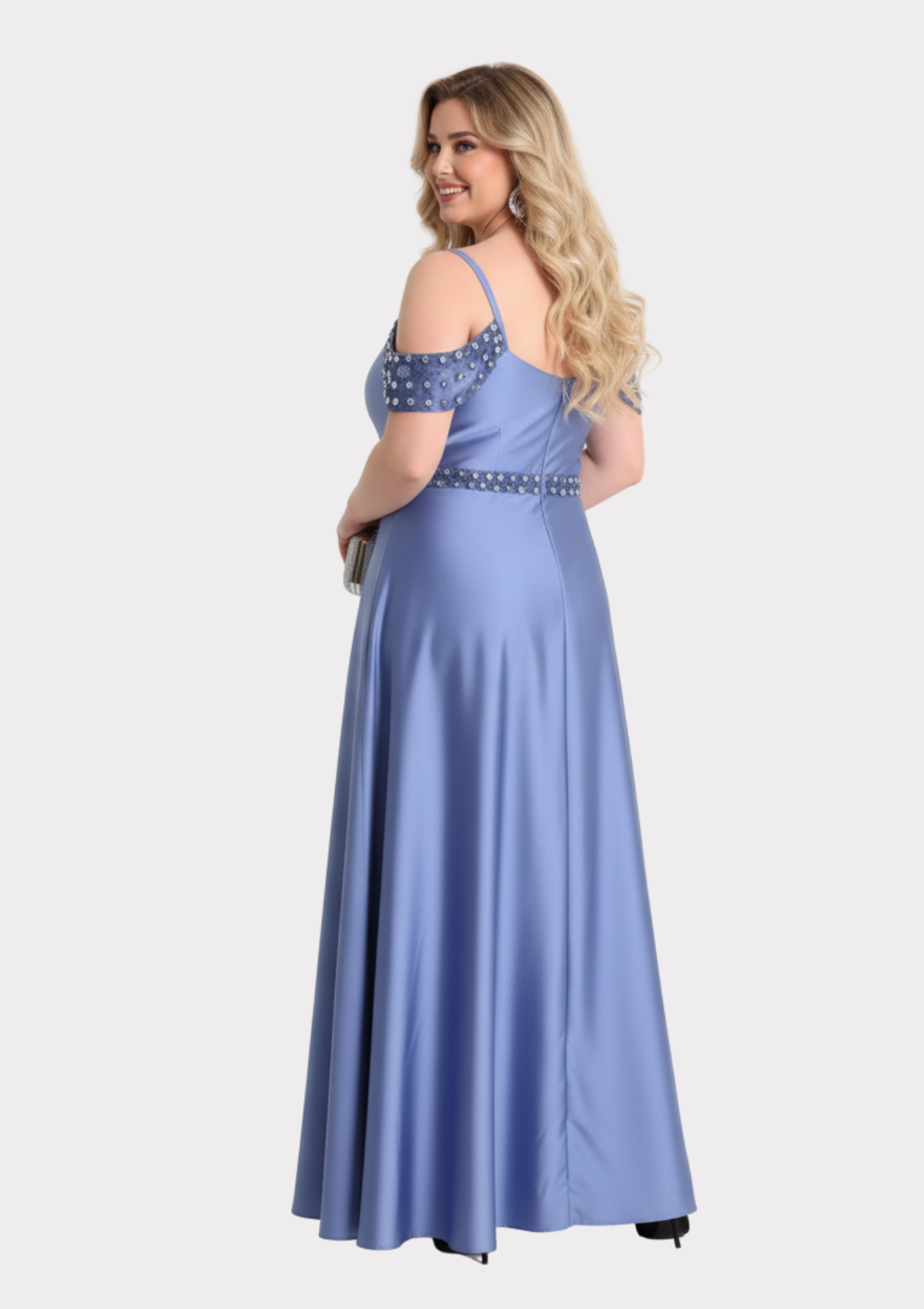 Büyük Beden Mavi Renkli Omzu Açık Saten Uzun Abiye Elbise