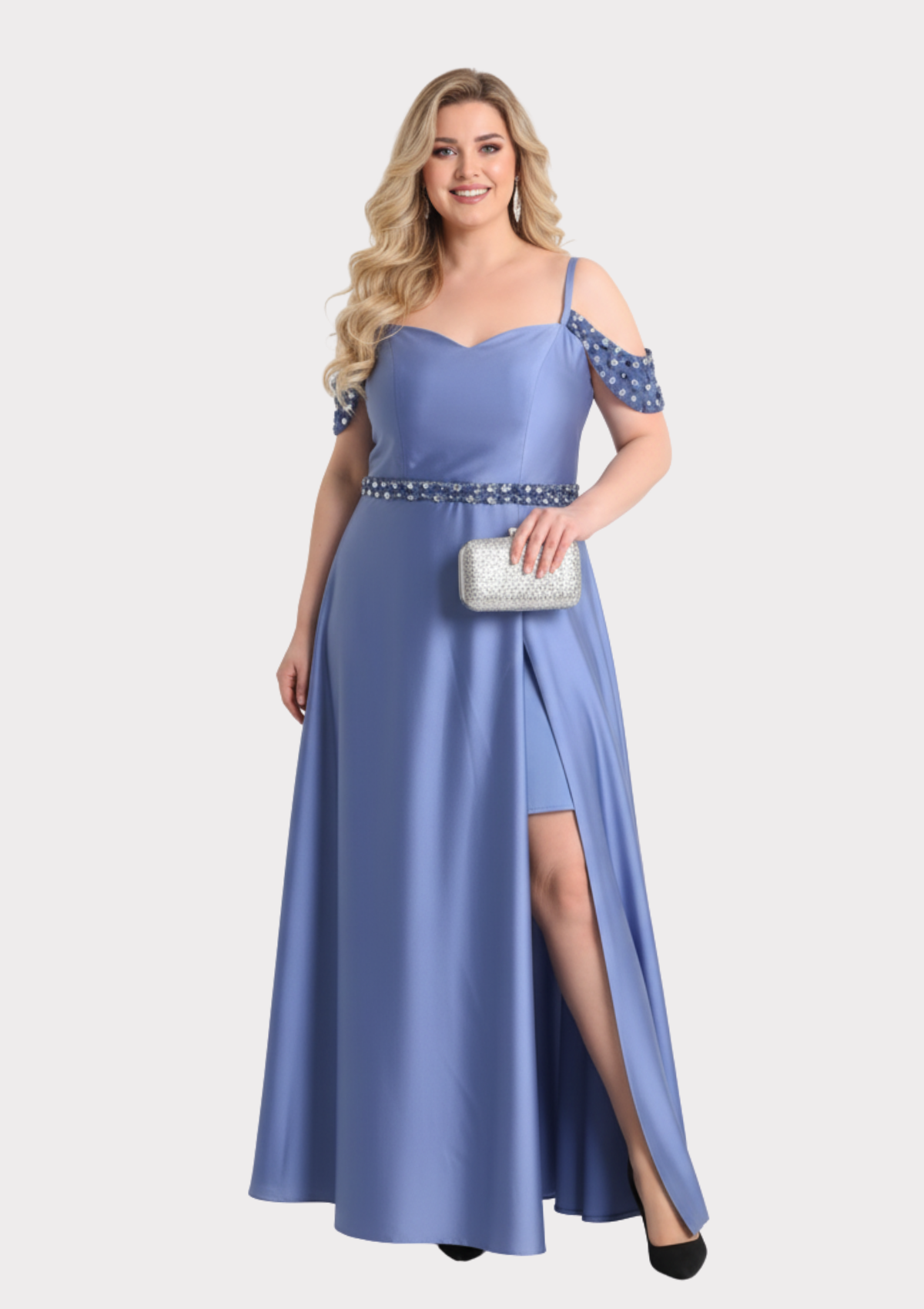 Büyük Beden Mavi Renkli Omzu Açık Saten Uzun Abiye Elbise