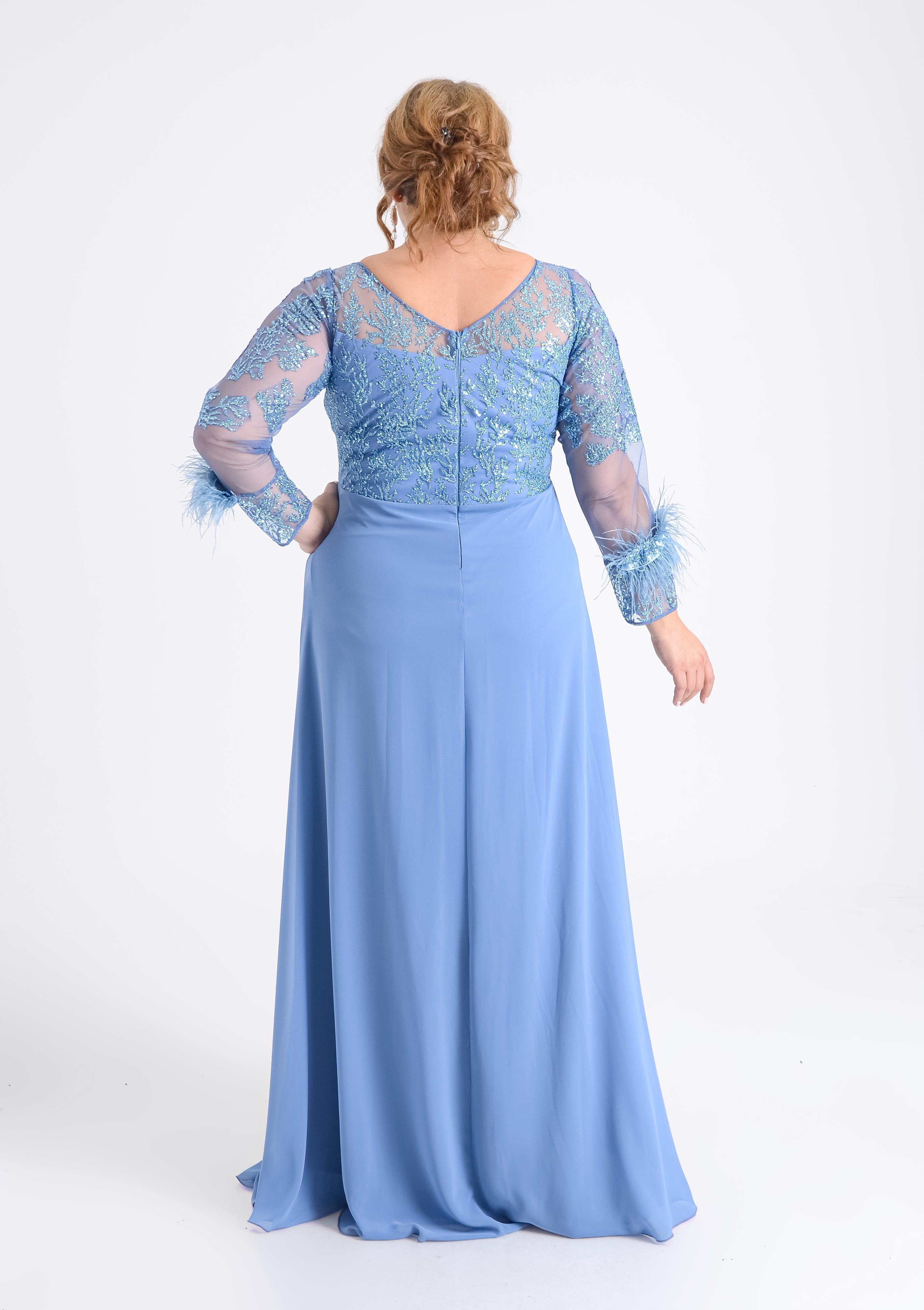 Büyük Beden Mavi Renkli Şifon Taş İşlemeli Uzun Abiye Elbise