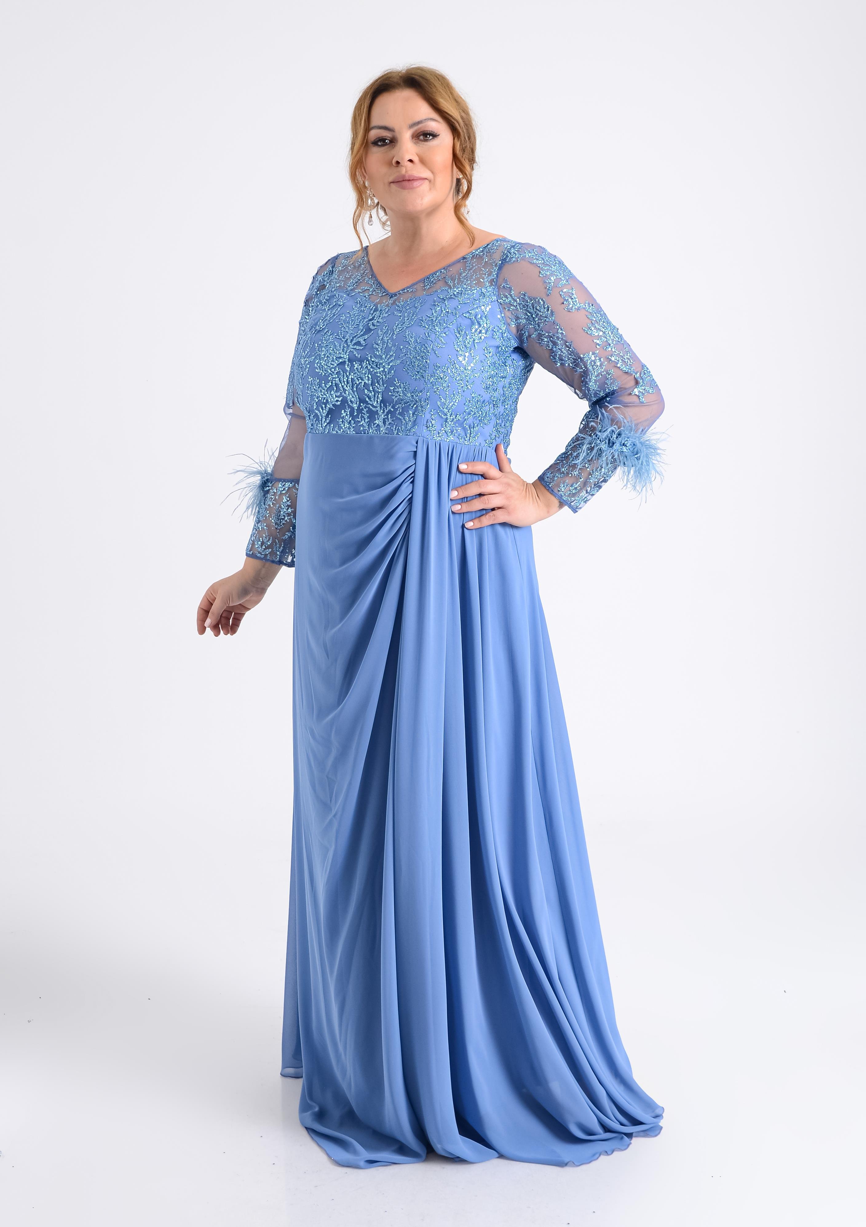 Büyük Beden Mavi Renkli Şifon Taş İşlemeli Uzun Abiye Elbise