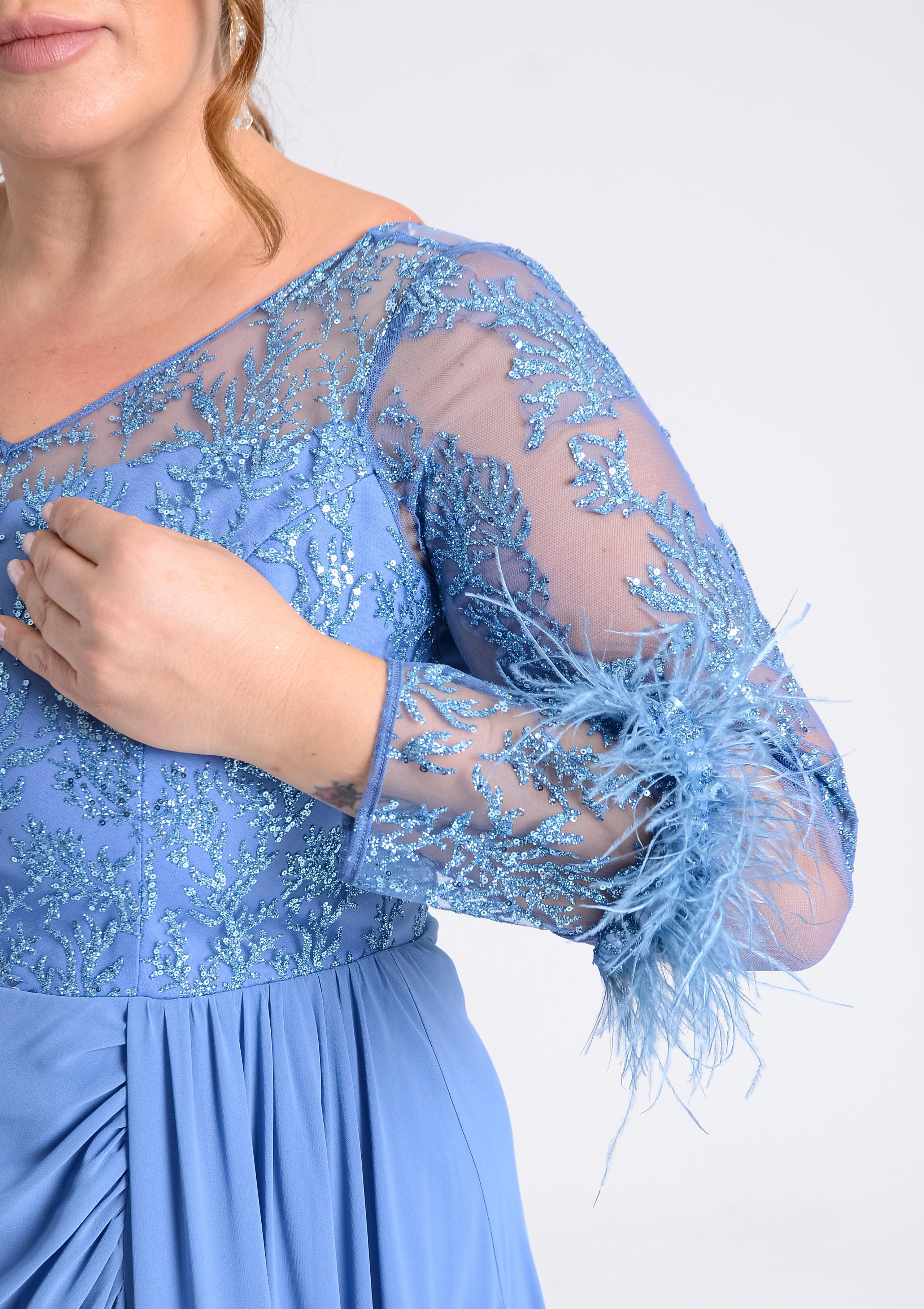 Büyük Beden Mavi Renkli Şifon Taş İşlemeli Uzun Abiye Elbise