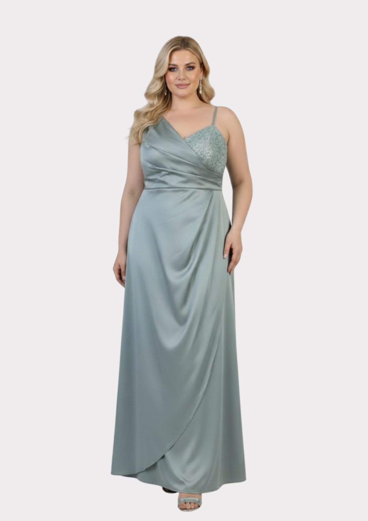 Büyük Beden Mint Yeşili Renkli Saten Uzun Abiye Elbise