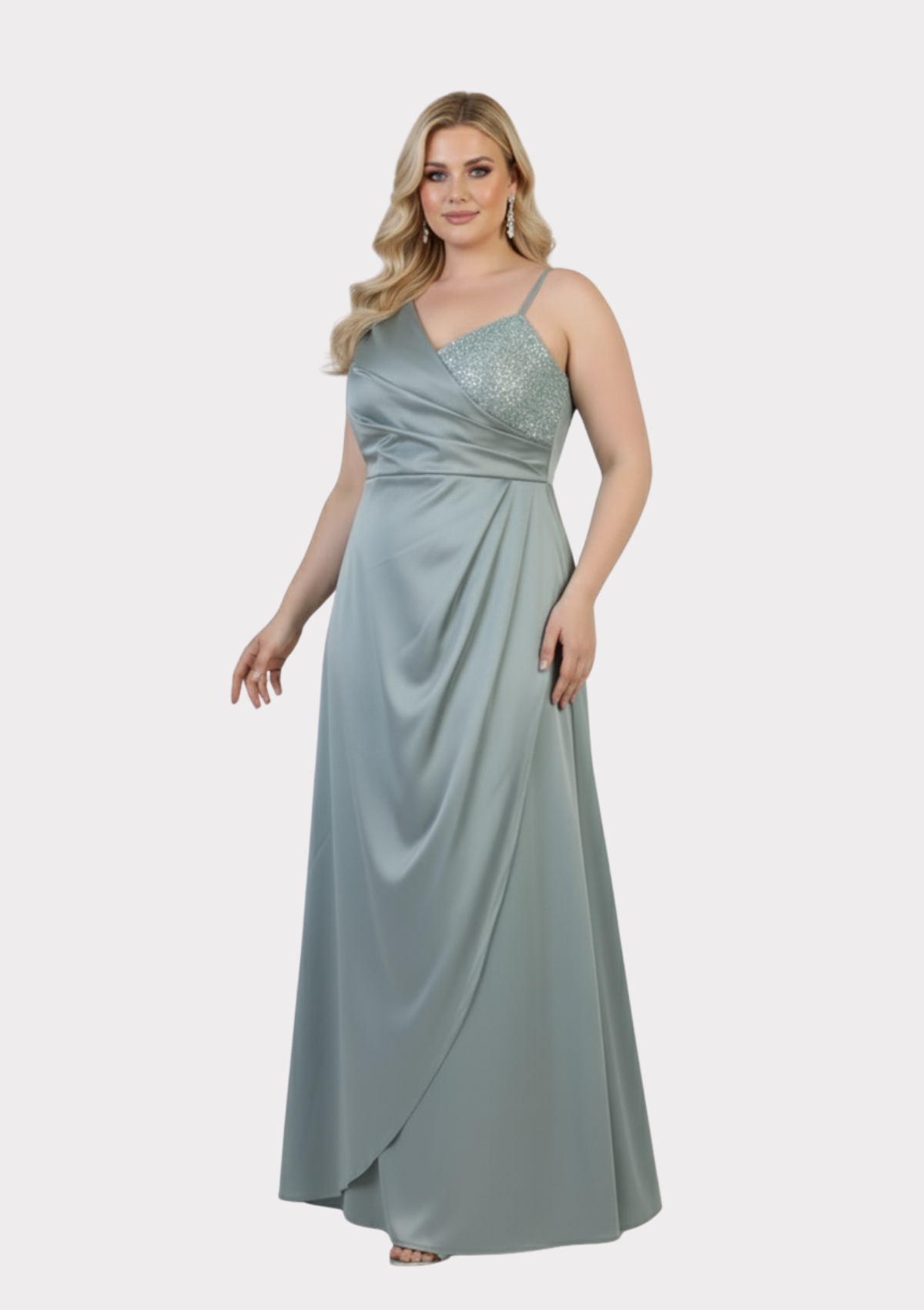 Büyük Beden Mint Yeşili Renkli Saten Uzun Abiye Elbise