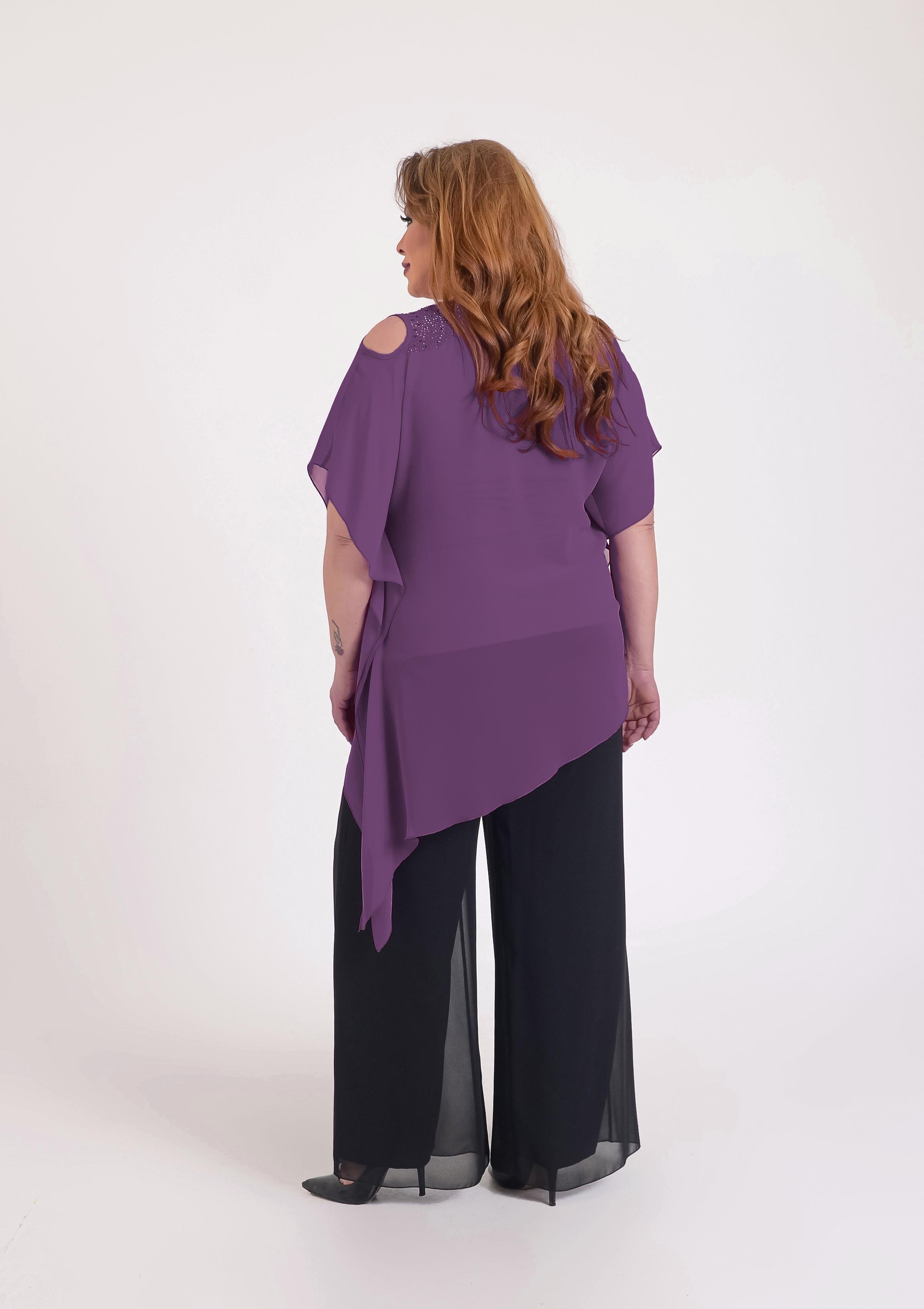 Büyük Beden Mor Renkli Asimetrik Kesim Şifon Bluz
