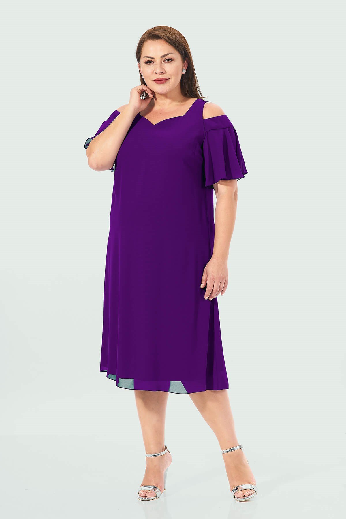 Büyük Beden Mor Renkli Omuz Detaylı Şifon Elbise