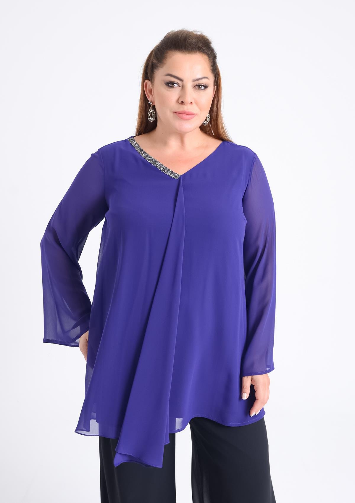 Büyük Beden Mor Renkli  Şifon  Abiye Bluz