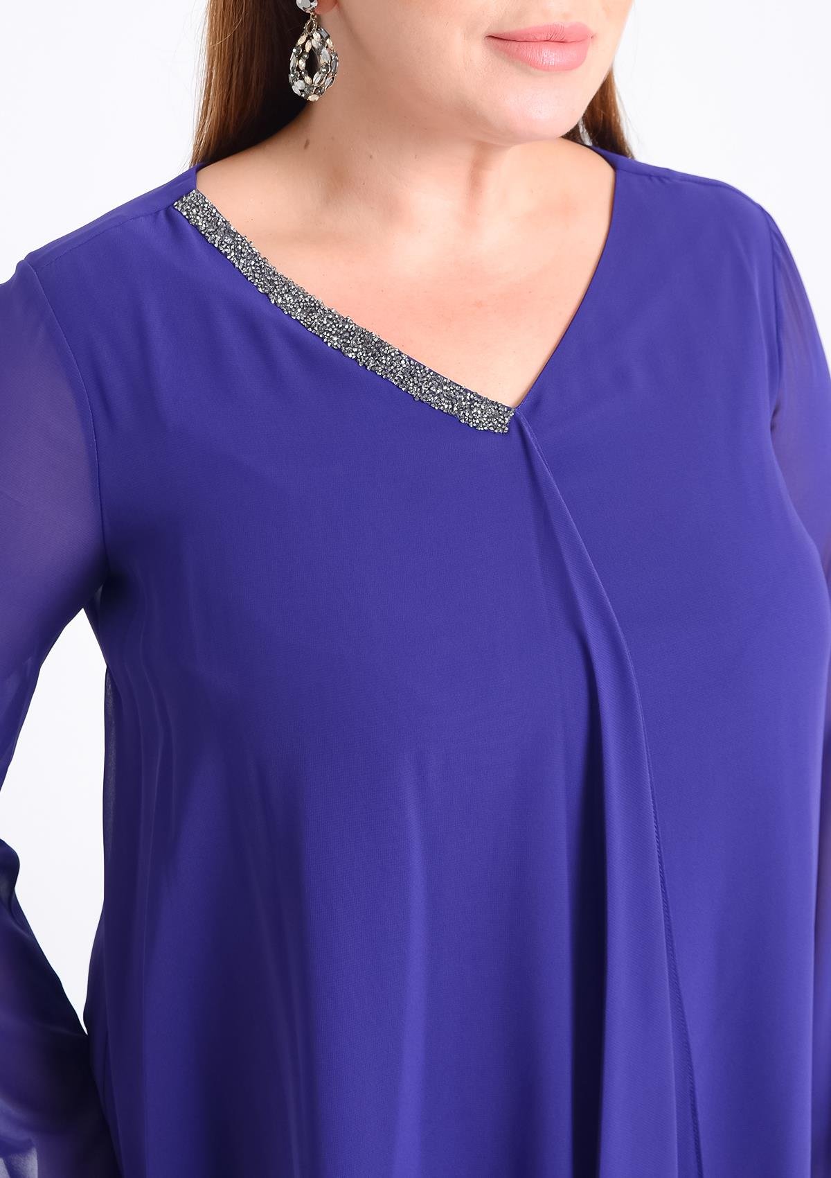 Büyük Beden Mor Renkli  Şifon  Abiye Bluz