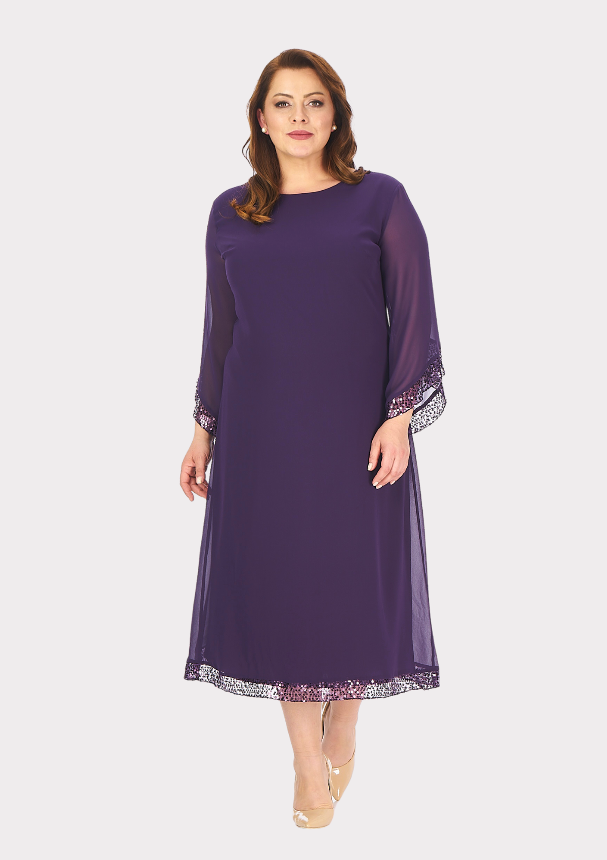 Büyük Beden Mürdüm Renkli Kısa Şifon Abiye Elbise