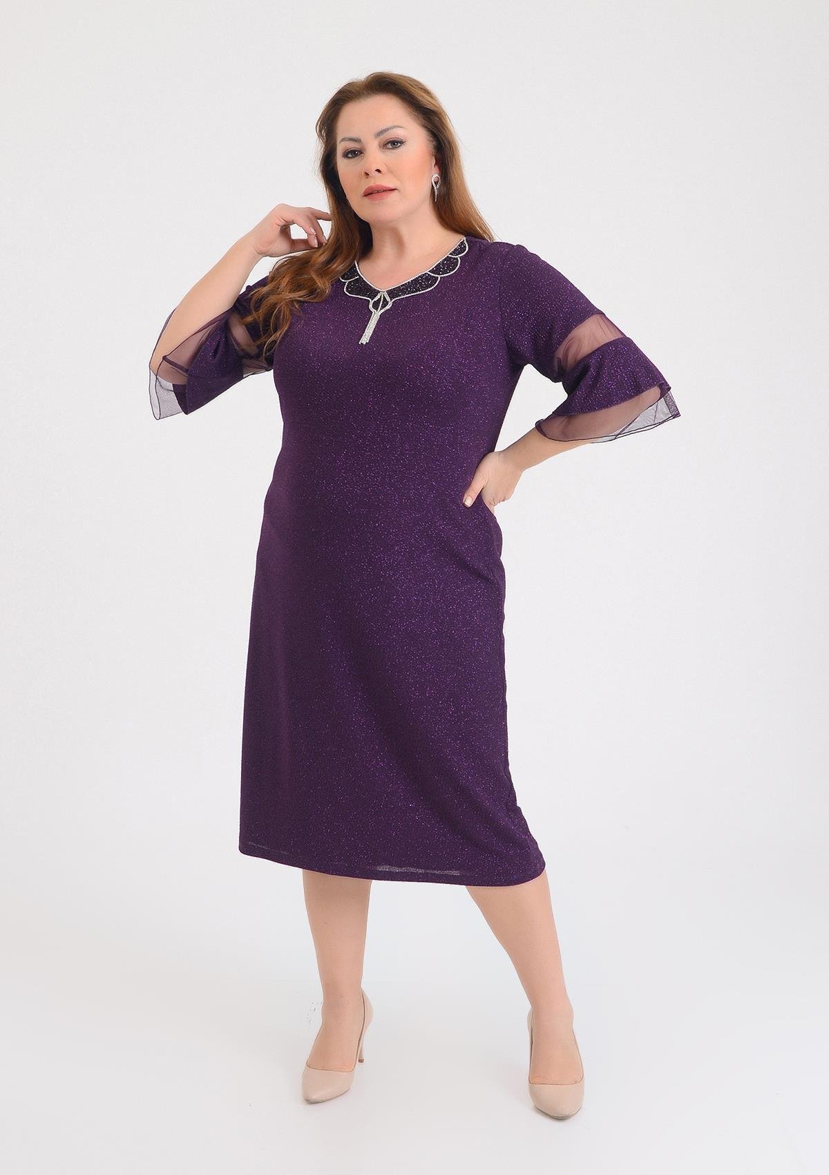 Büyük Beden Mürdüm Renkli Likralı Simli V Yaka Abiye Elbise