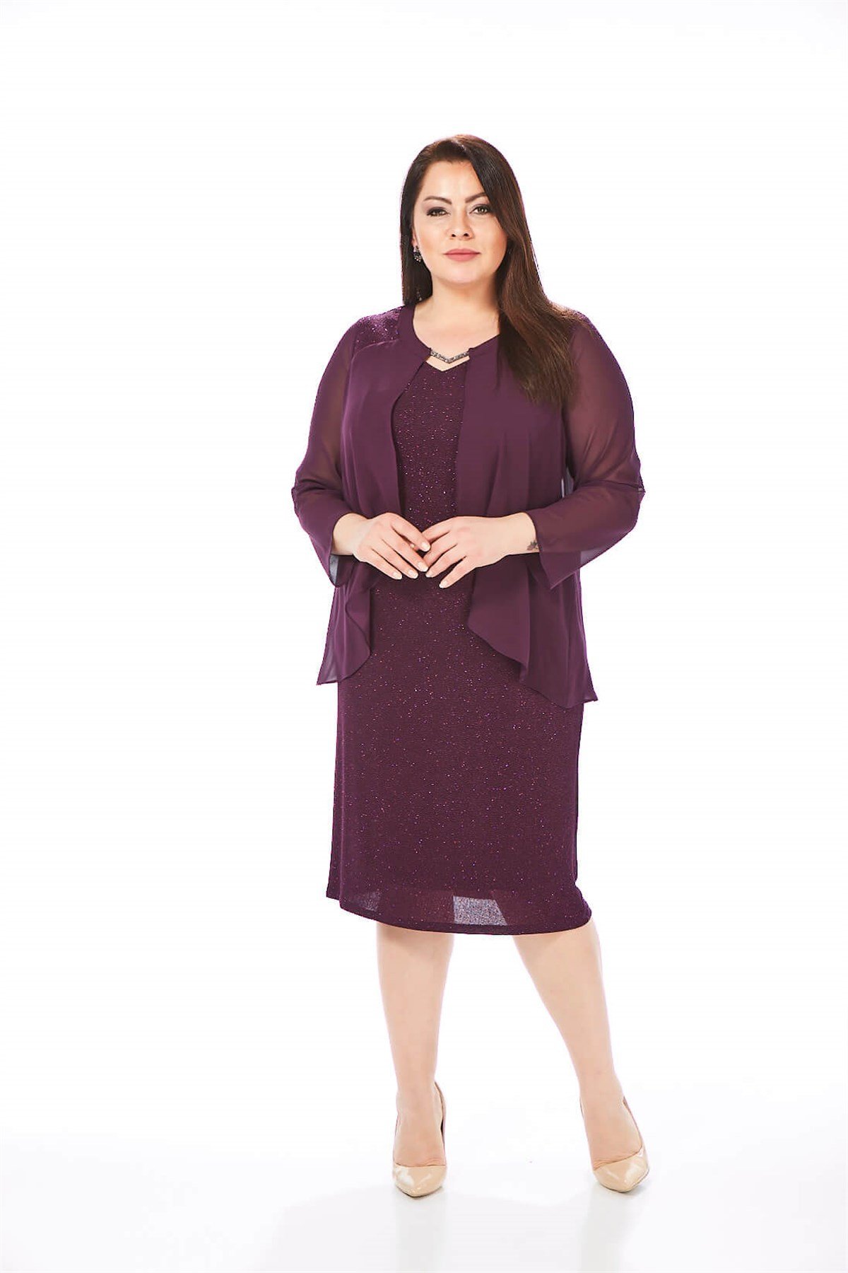 Büyük Beden Mürdüm Renkli Likralı Simli Abiye Elbise