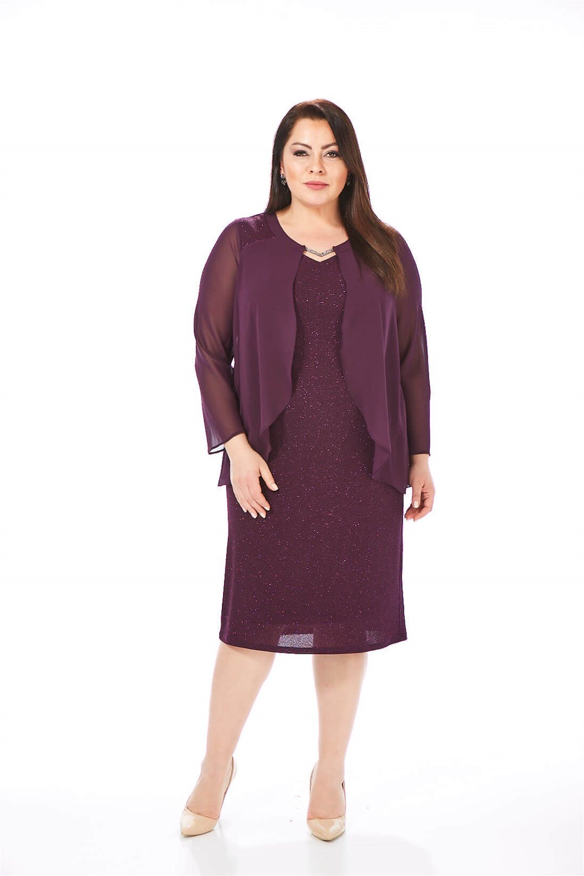 Büyük Beden Mürdüm Renkli Likralı Simli Abiye Elbise