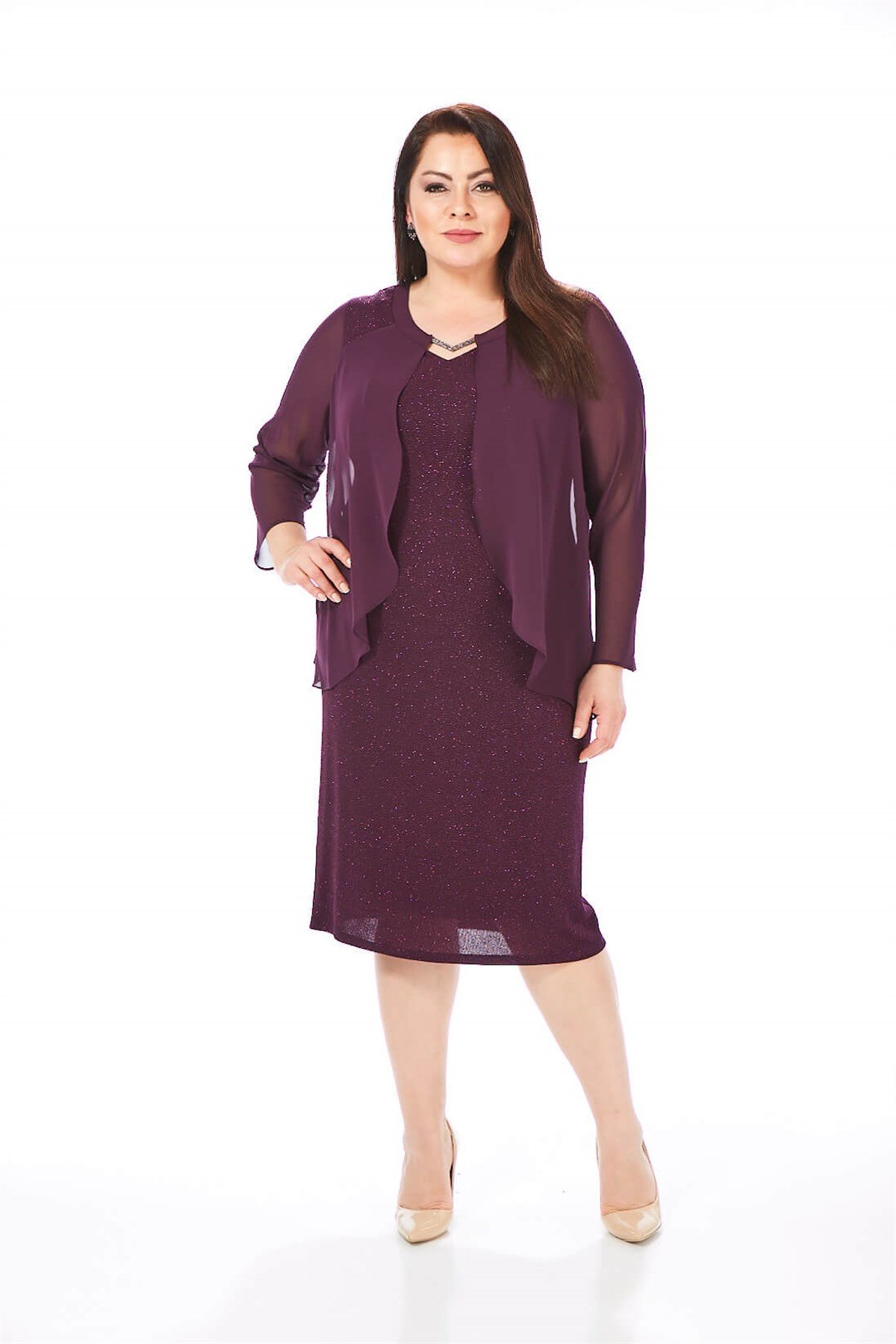 Büyük Beden Mürdüm Renkli Likralı Simli Abiye Elbise