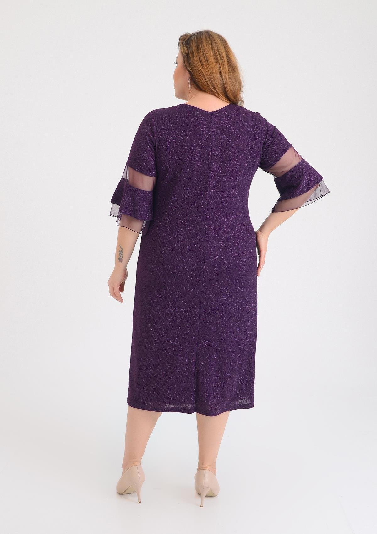 Büyük Beden Mürdüm Renkli Likralı Simli V Yaka Abiye Elbise