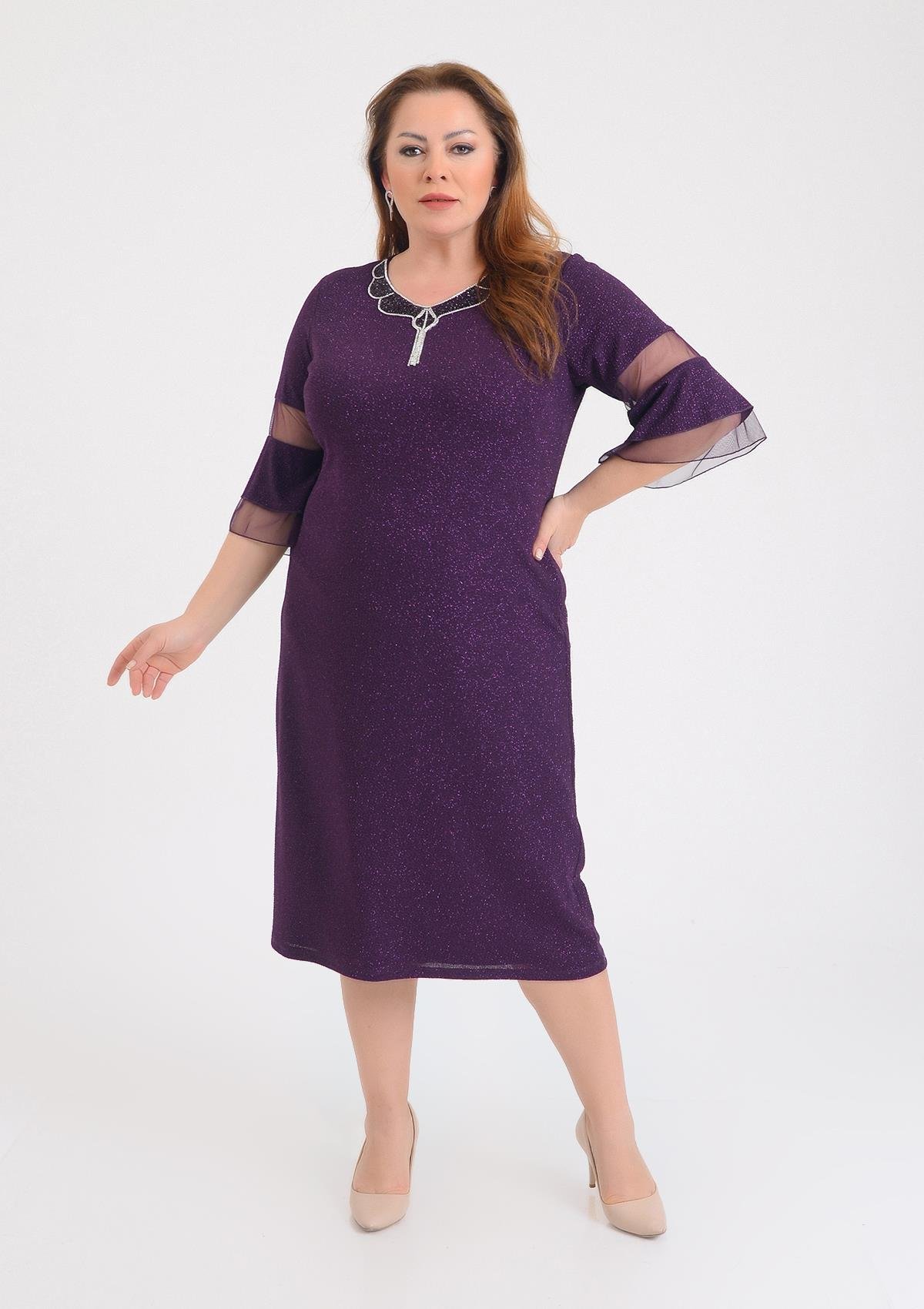 Büyük Beden Mürdüm Renkli Likralı Simli V Yaka Abiye Elbise