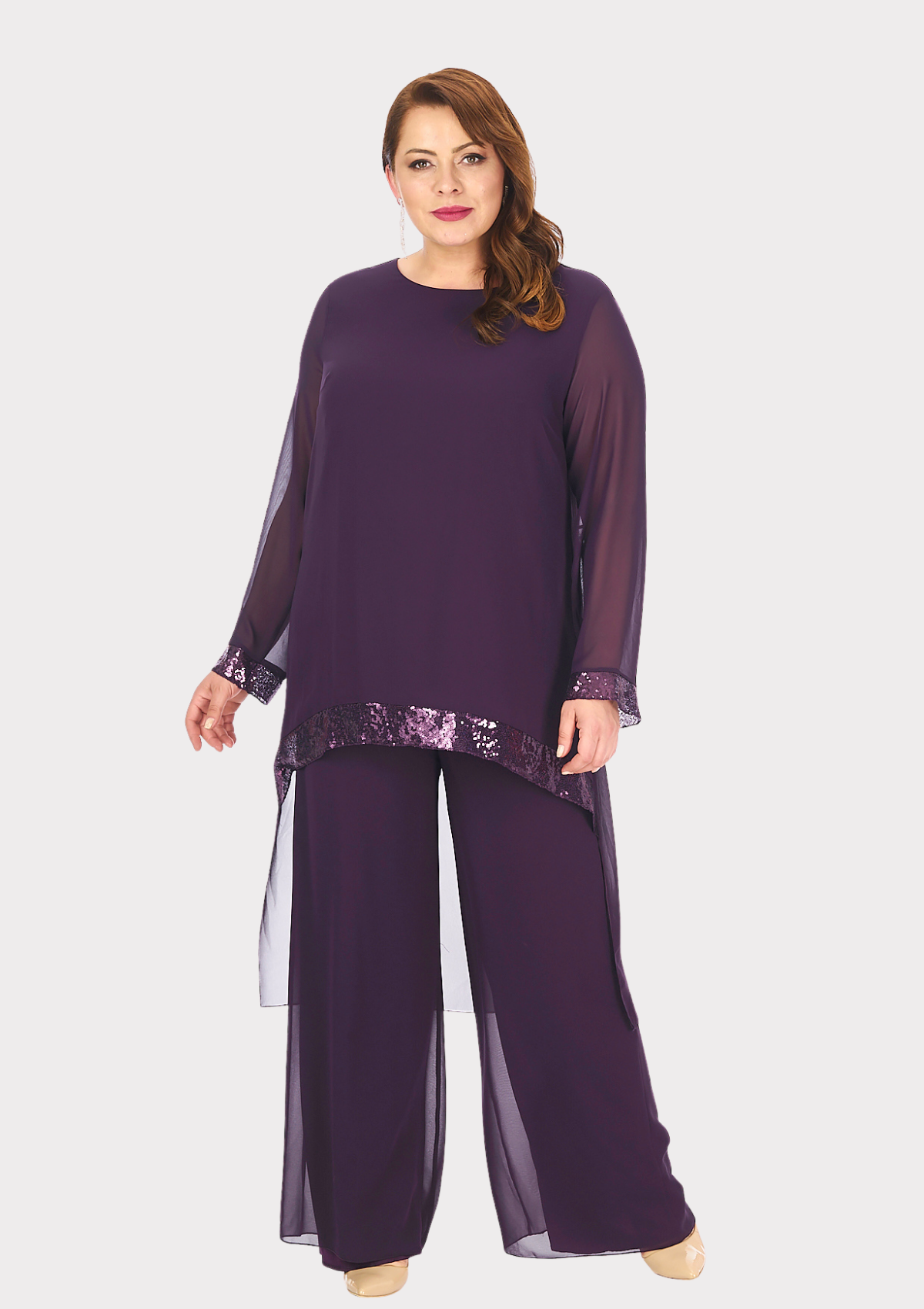 Büyük Beden Mürdüm Renkli Şifon Abiye Pantolon Bluz Takım