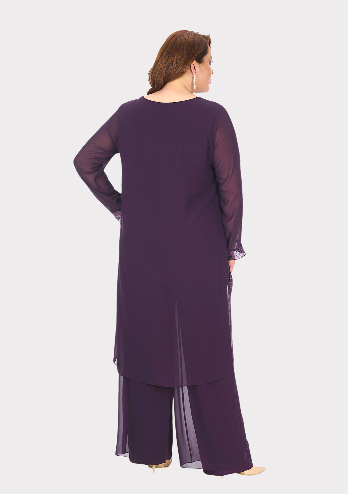 Büyük Beden Mürdüm Renkli Şifon Abiye Pantolon Bluz Takım