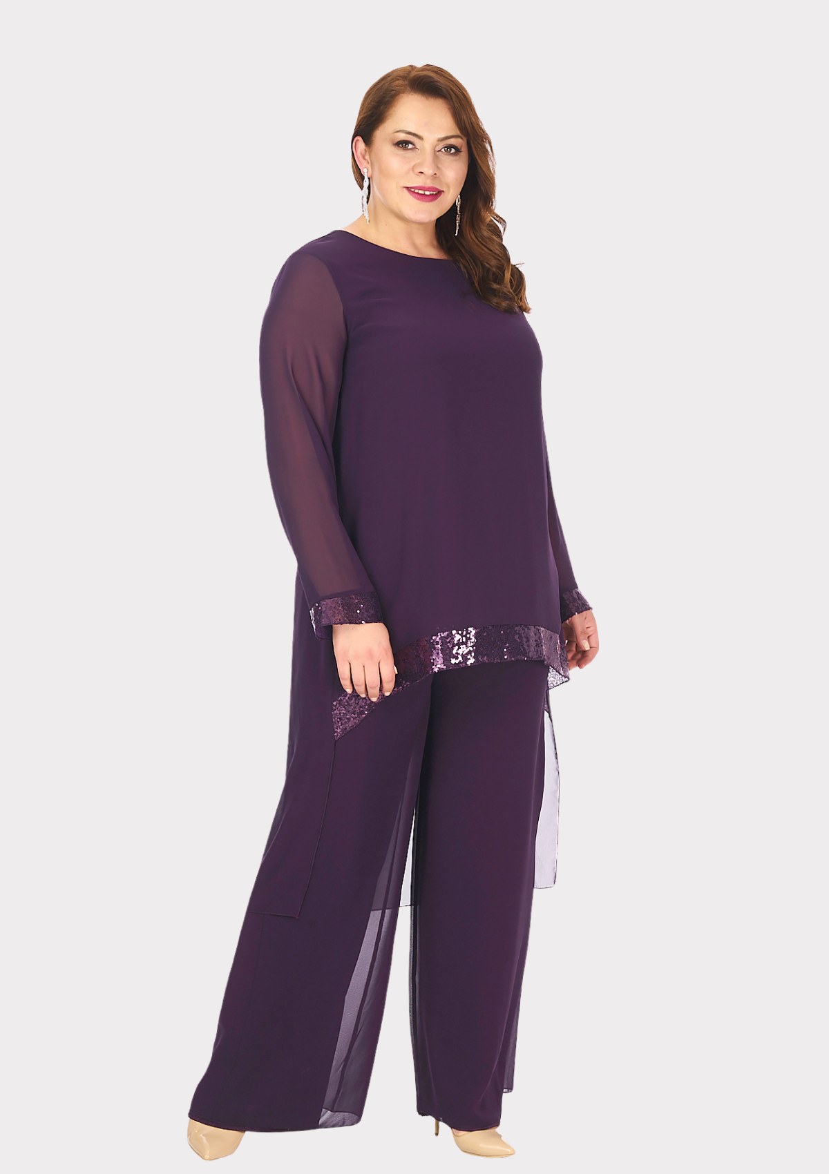 Büyük Beden Mürdüm Renkli Şifon Abiye Pantolon Bluz Takım