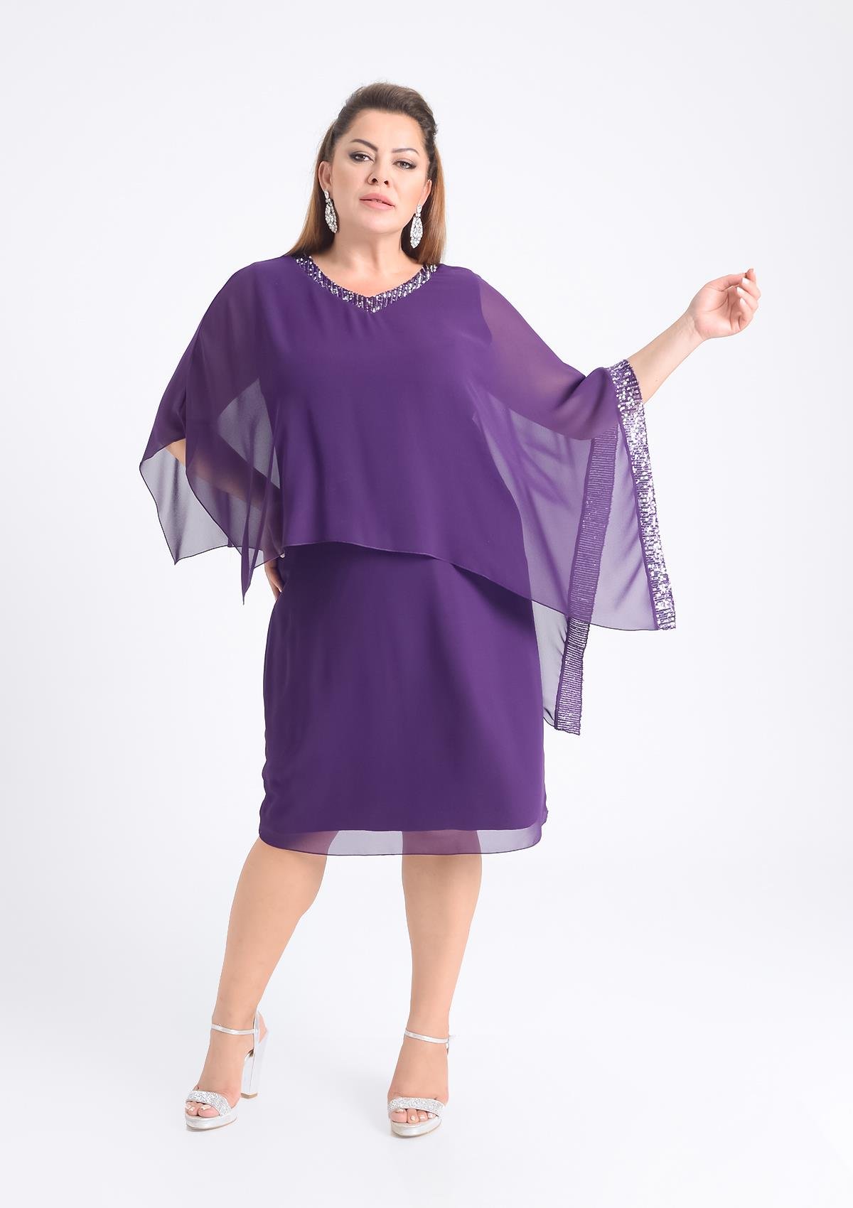 Büyük Beden Mürdüm Renkli V Yaka Şifon Abiye Elbise