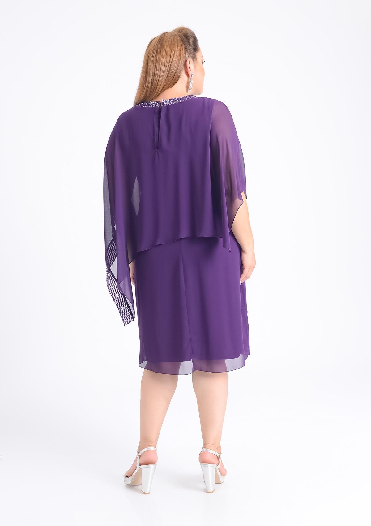 Büyük Beden Mürdüm Renkli V Yaka Şifon Abiye Elbise