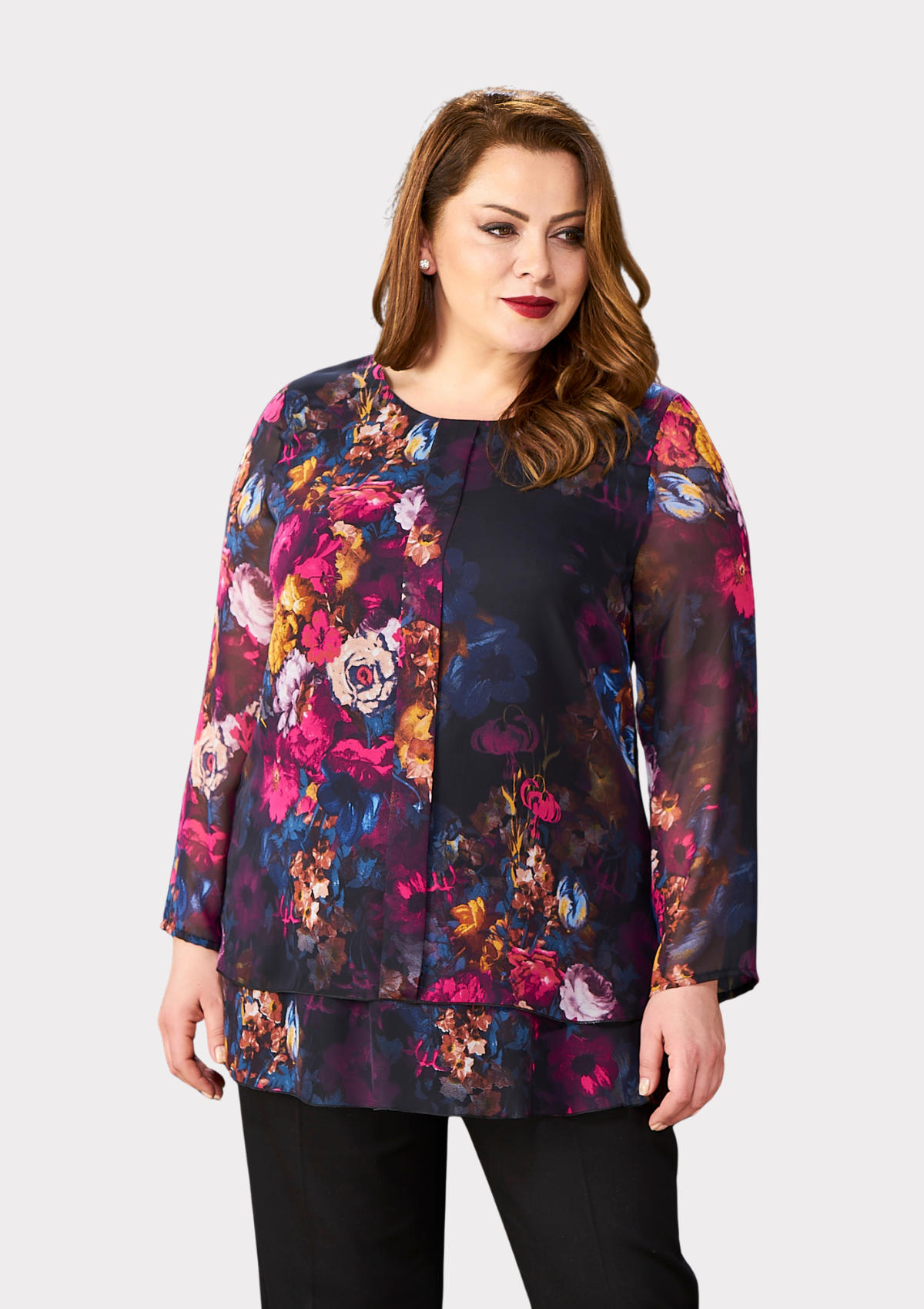 Büyük Beden Pembe Renkli Çiçekli Şifon Bluz