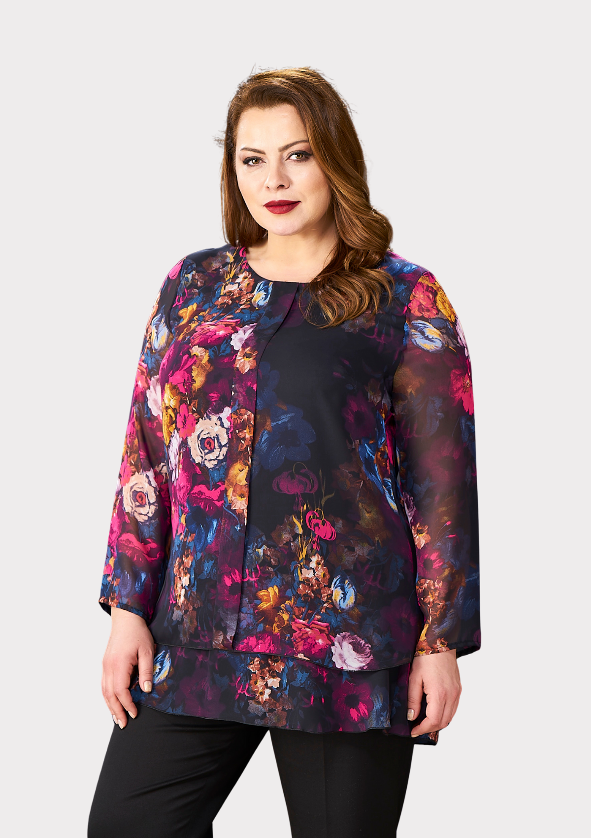 Büyük Beden Pembe Renkli Çiçekli Şifon Bluz