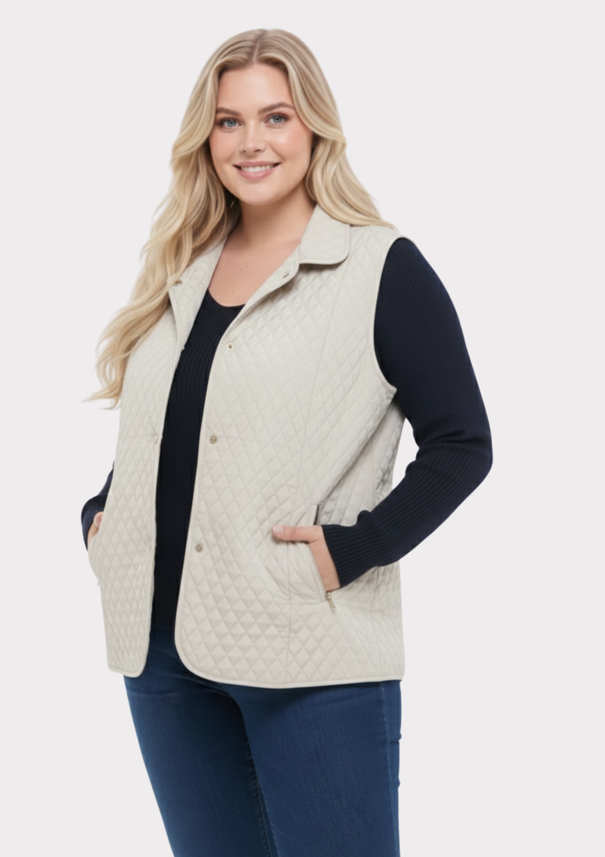 Büyük Beden Polo Yaka Bej Renkli Kapitone Yelek