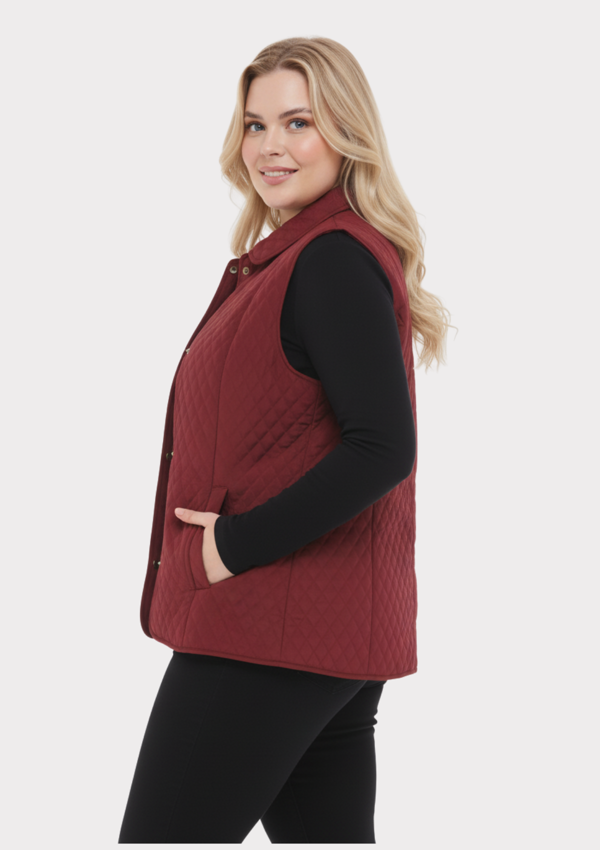 Büyük Beden Polo Yaka Bordo Renkli Kapitone Yelek