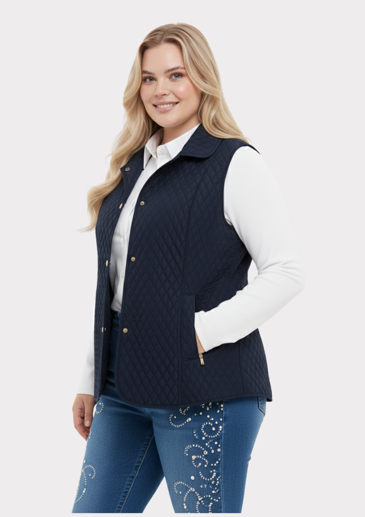 Büyük Beden Polo Yaka Lacivert Renkli Kapitone Yelek