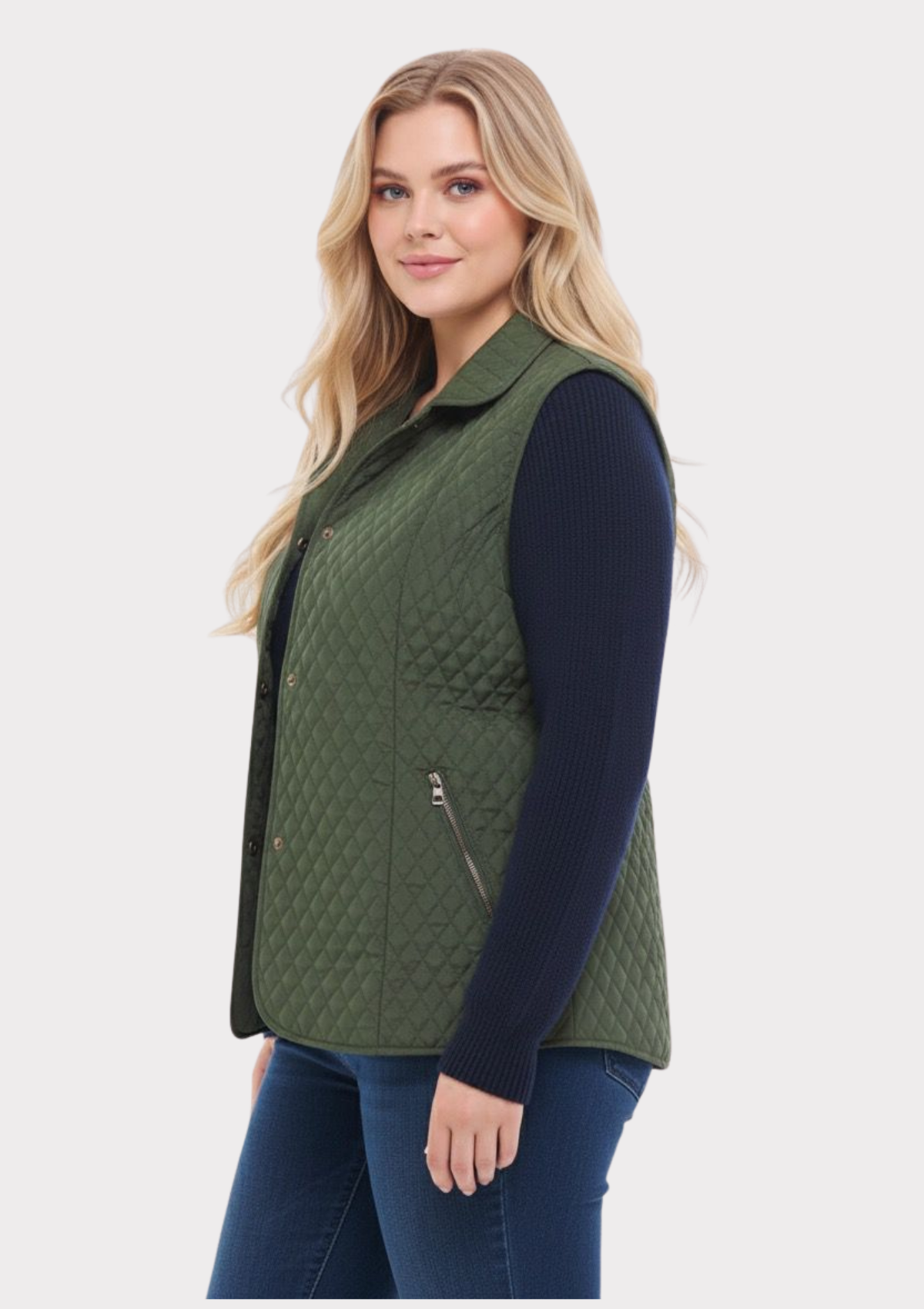 Büyük Beden Polo Yaka Yeşil Renkli Kapitone Yelek