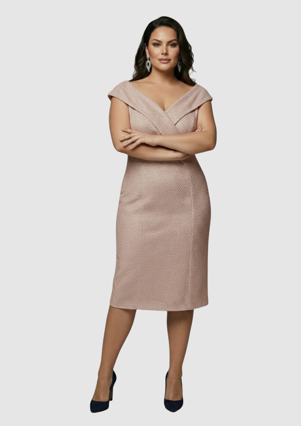 Büyük Beden Pudra Renkli Pul Payetli Petek Tül Kısa Abiye Elbise