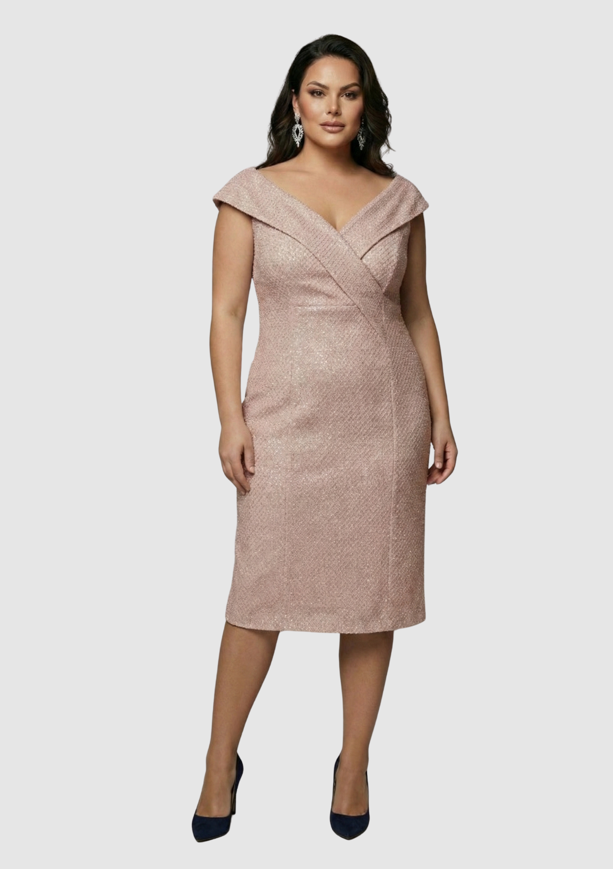 Büyük Beden Pudra Renkli Pul Payetli Petek Tül Kısa Abiye Elbise