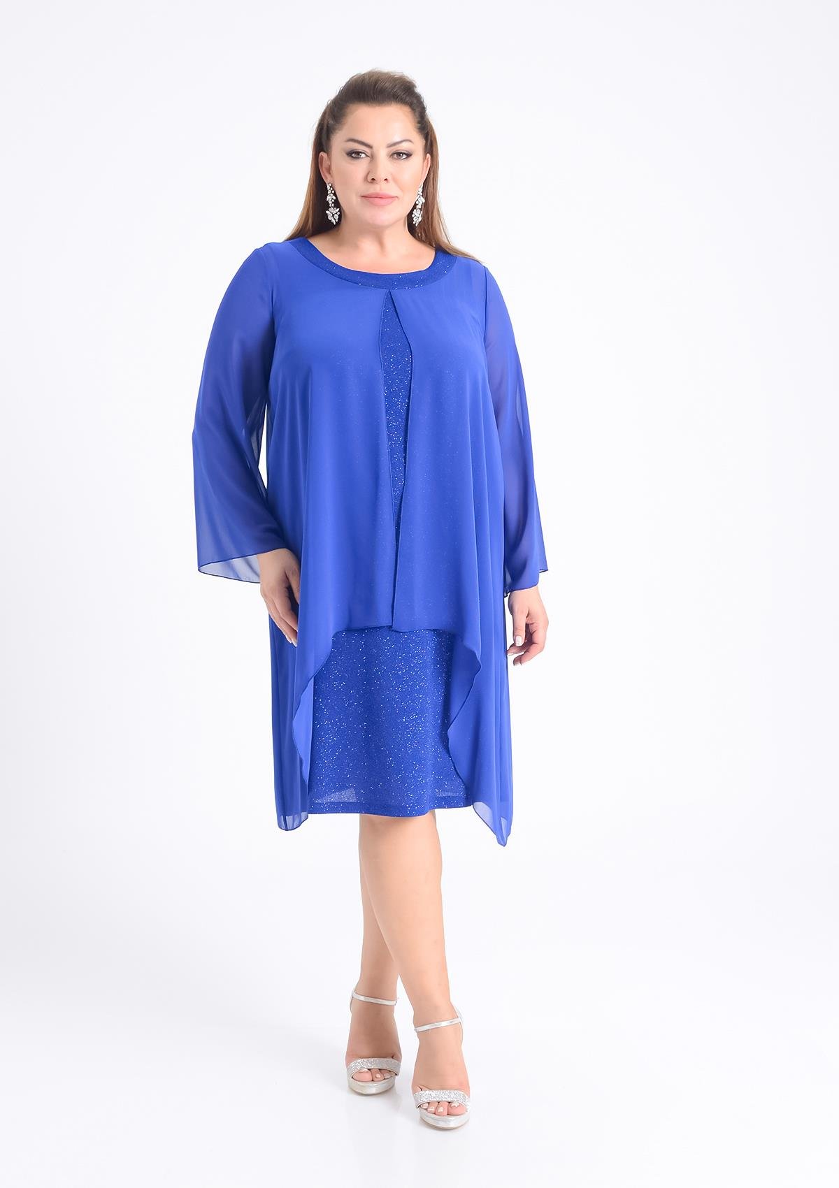 Büyük Beden Sax Renkli Likralı Simli Abiye Elbise