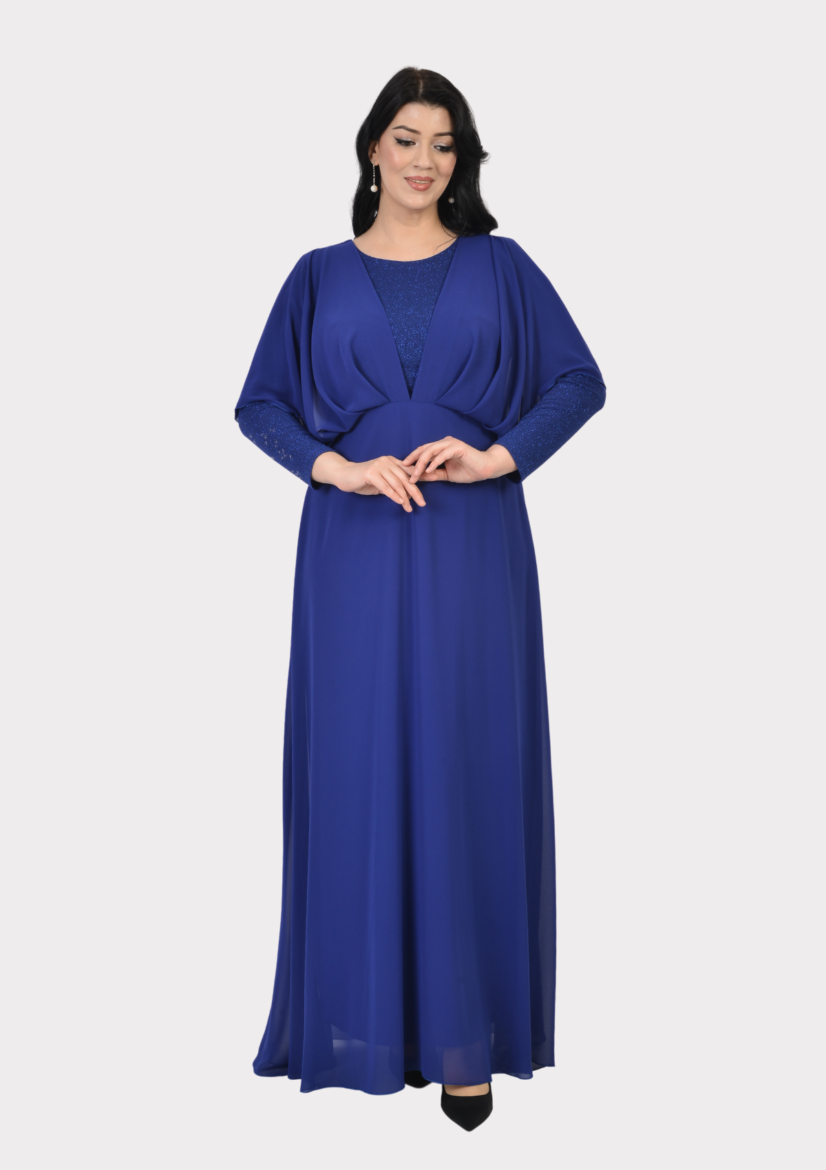 Büyük Beden Sax Renkli Likralı Simli Abiye Elbise