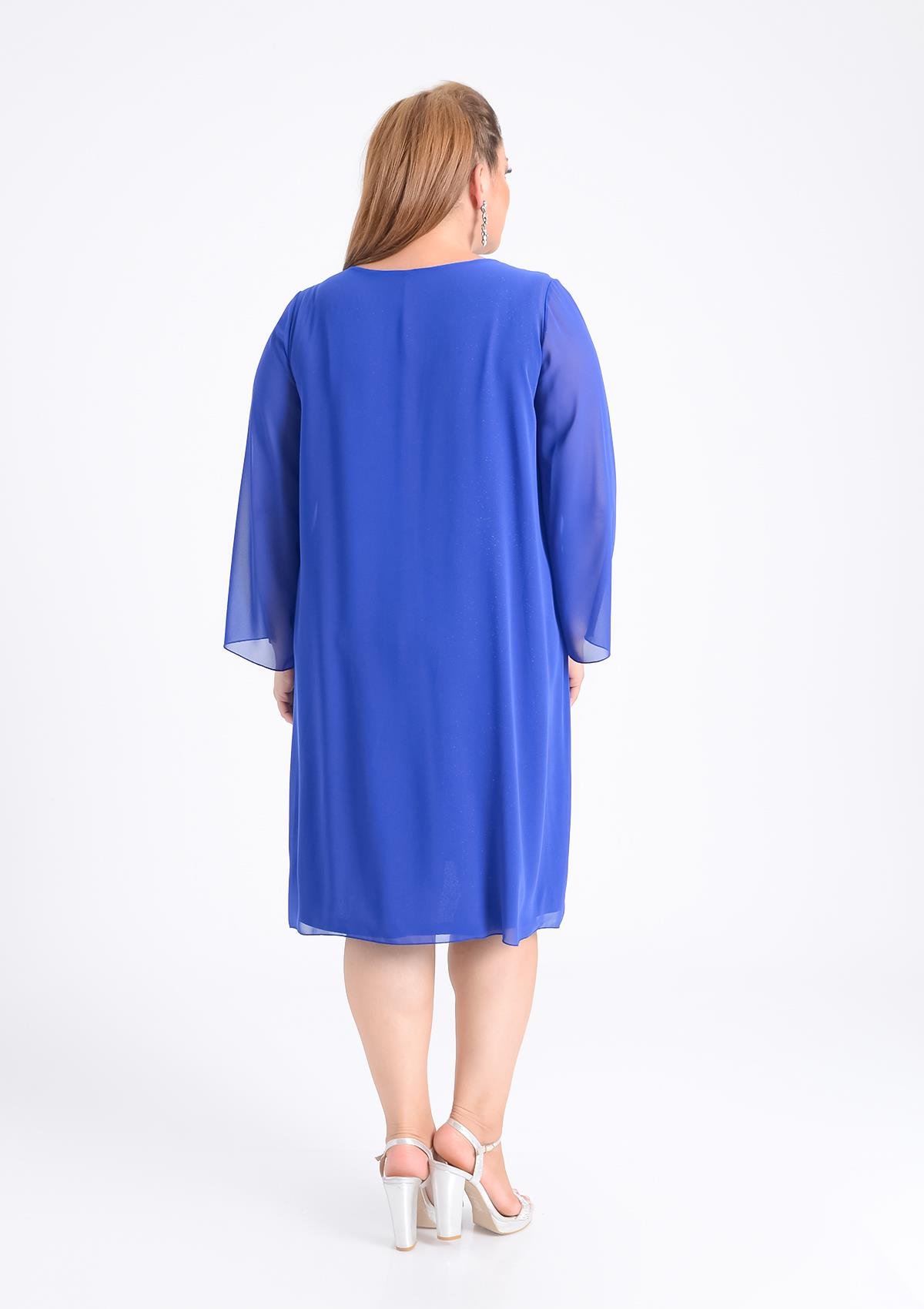 Büyük Beden Sax Renkli Likralı Simli Abiye Elbise