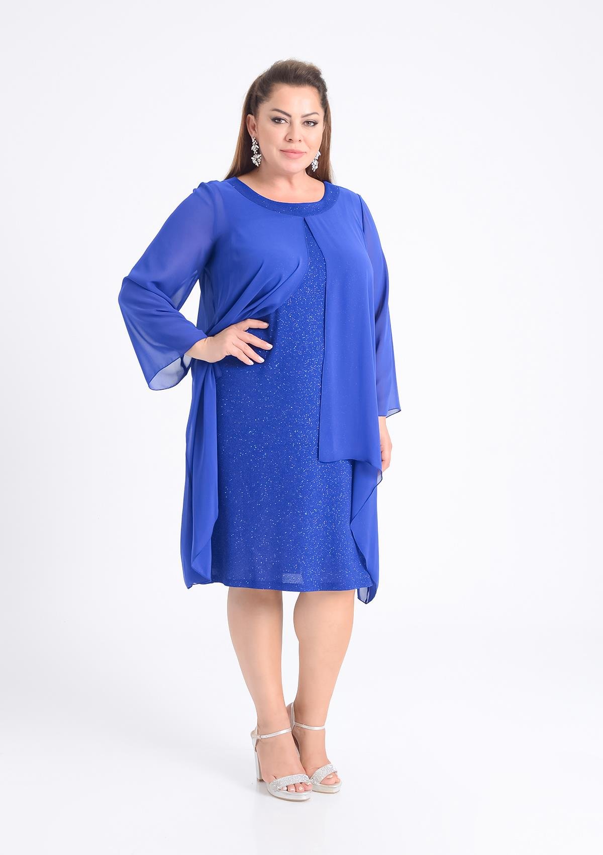 Büyük Beden Sax Renkli Likralı Simli Abiye Elbise