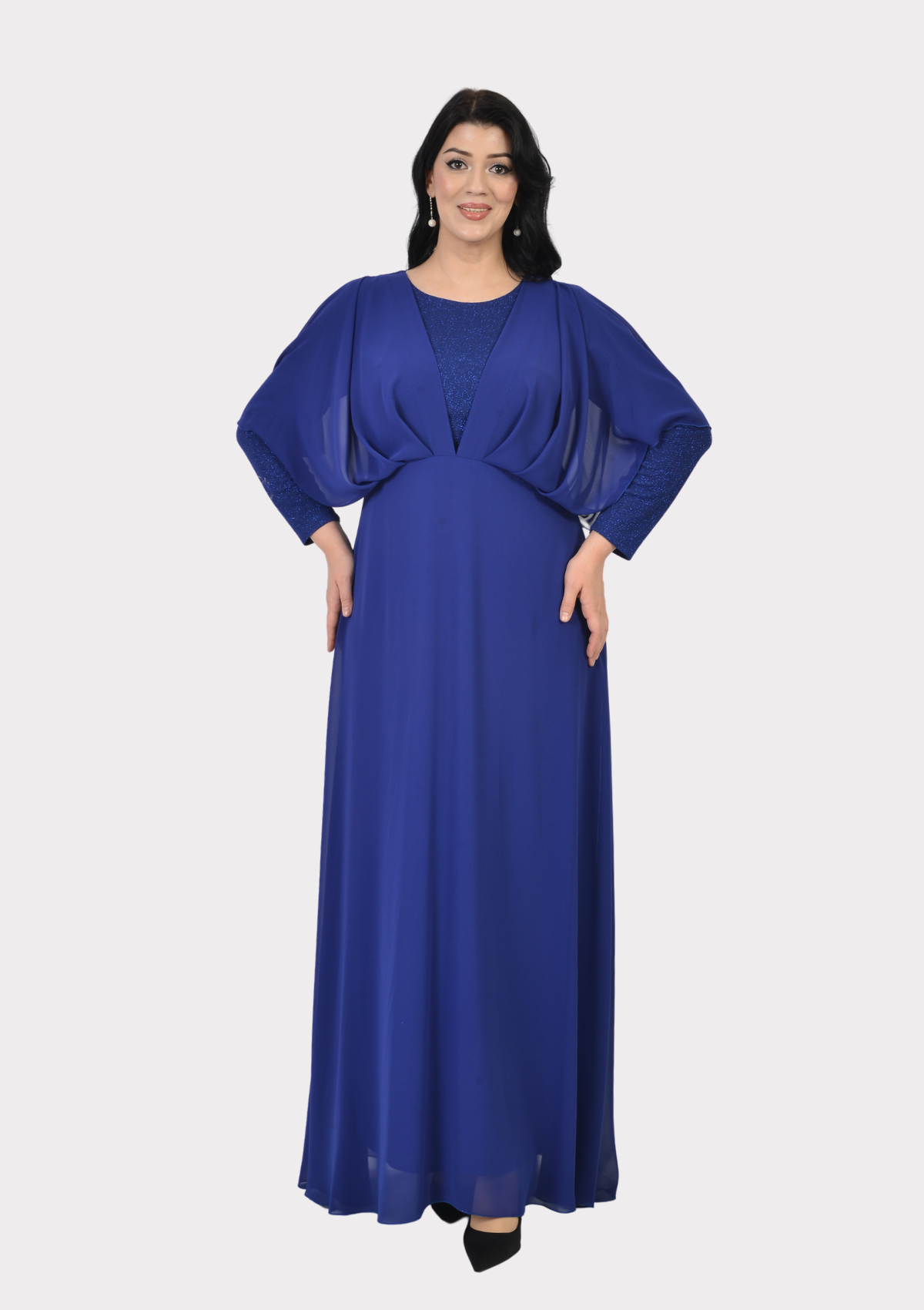 Büyük Beden Sax Renkli Likralı Simli Abiye Elbise