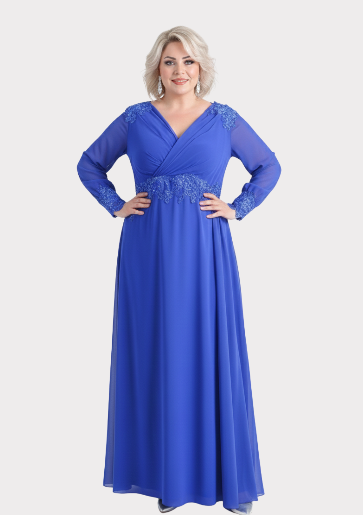 Büyük Beden Sax Renkli Uzun Şifon Abiye Elbise