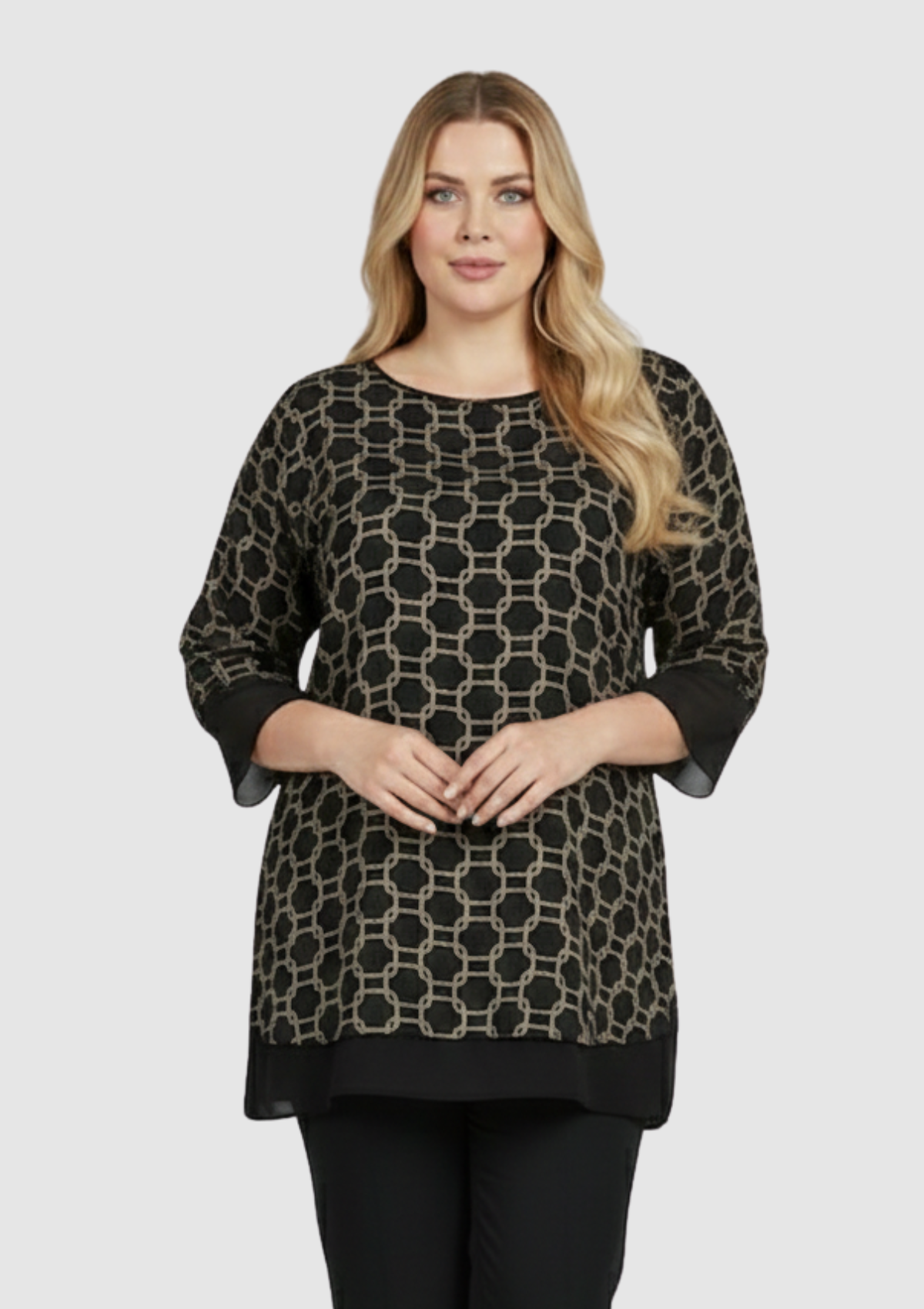 Büyük Beden Siyah Desenli Şifon Bluz