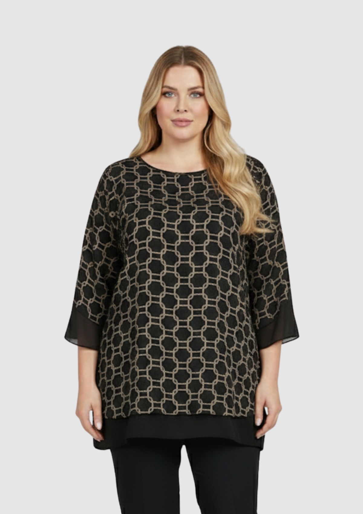 Büyük Beden Siyah Desenli Şifon Bluz