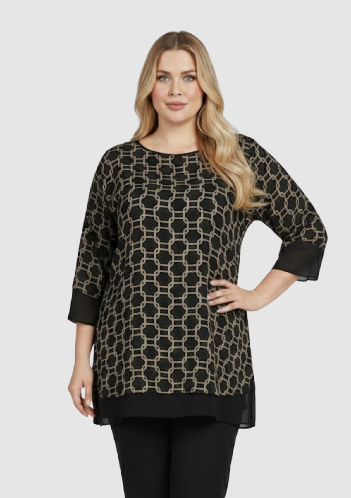 Büyük Beden Siyah Desenli Şifon Bluz