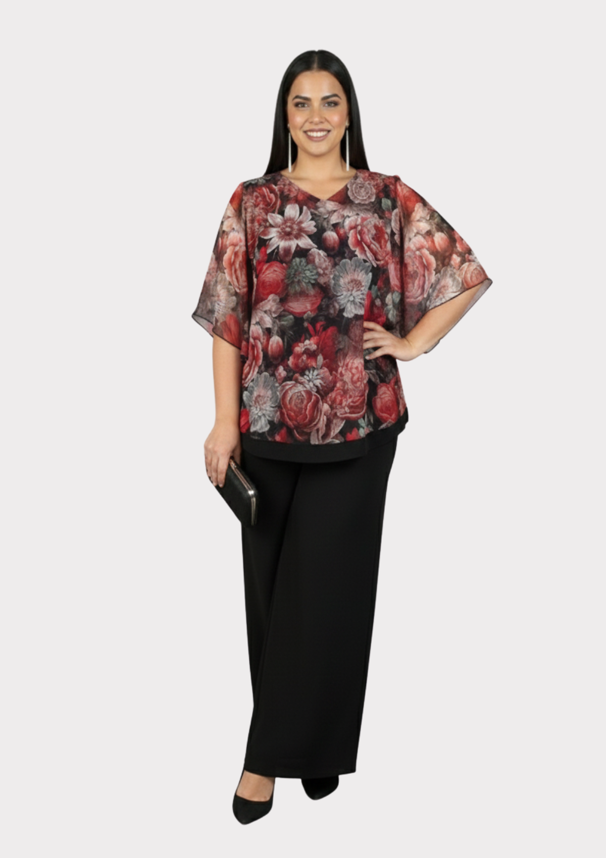 Büyük Beden Siyah Kırmızı Çiçek Desenli Şifon Bluz