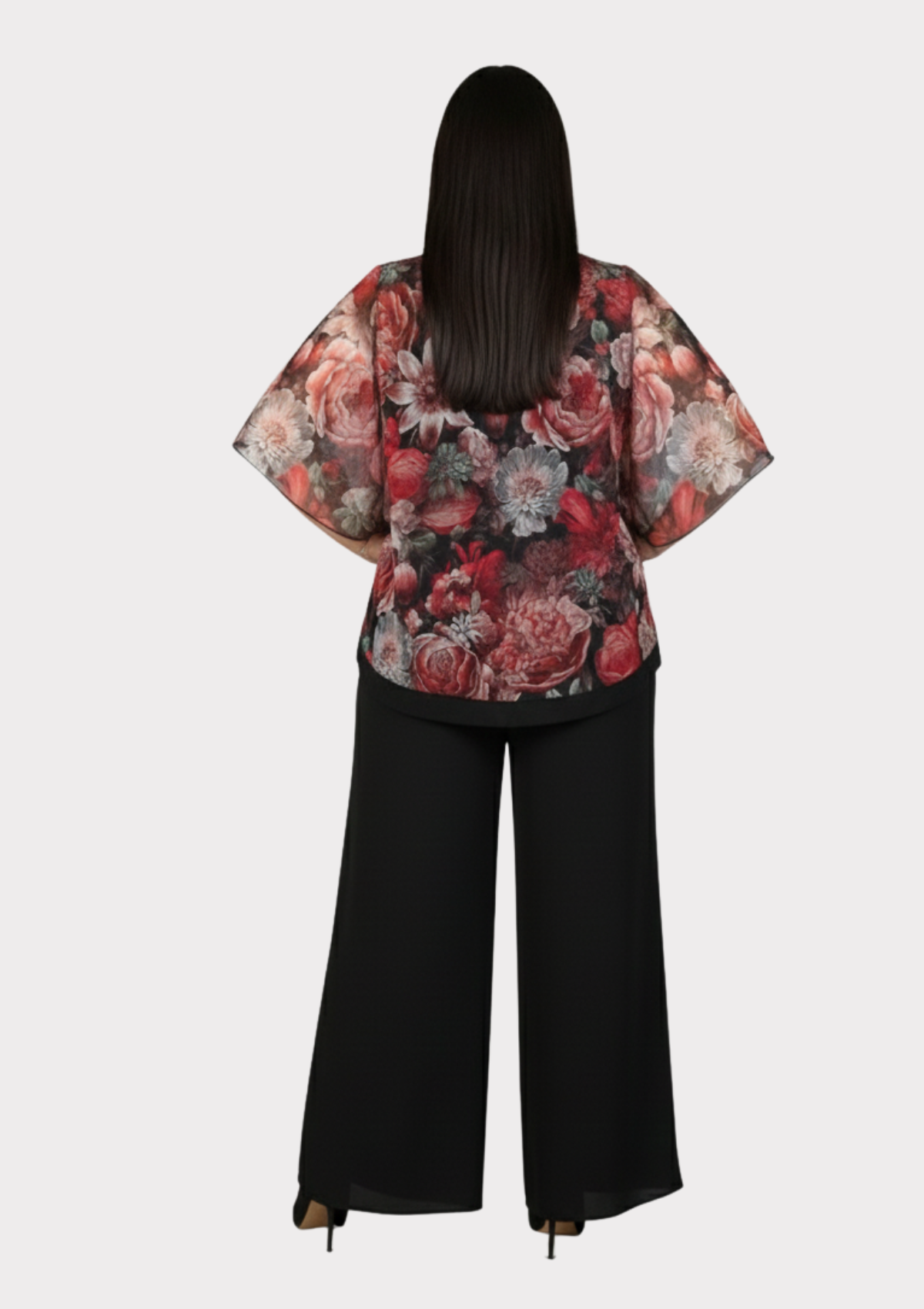 Büyük Beden Siyah Kırmızı Çiçek Desenli Şifon Abiye Pantolon Bluz Takım