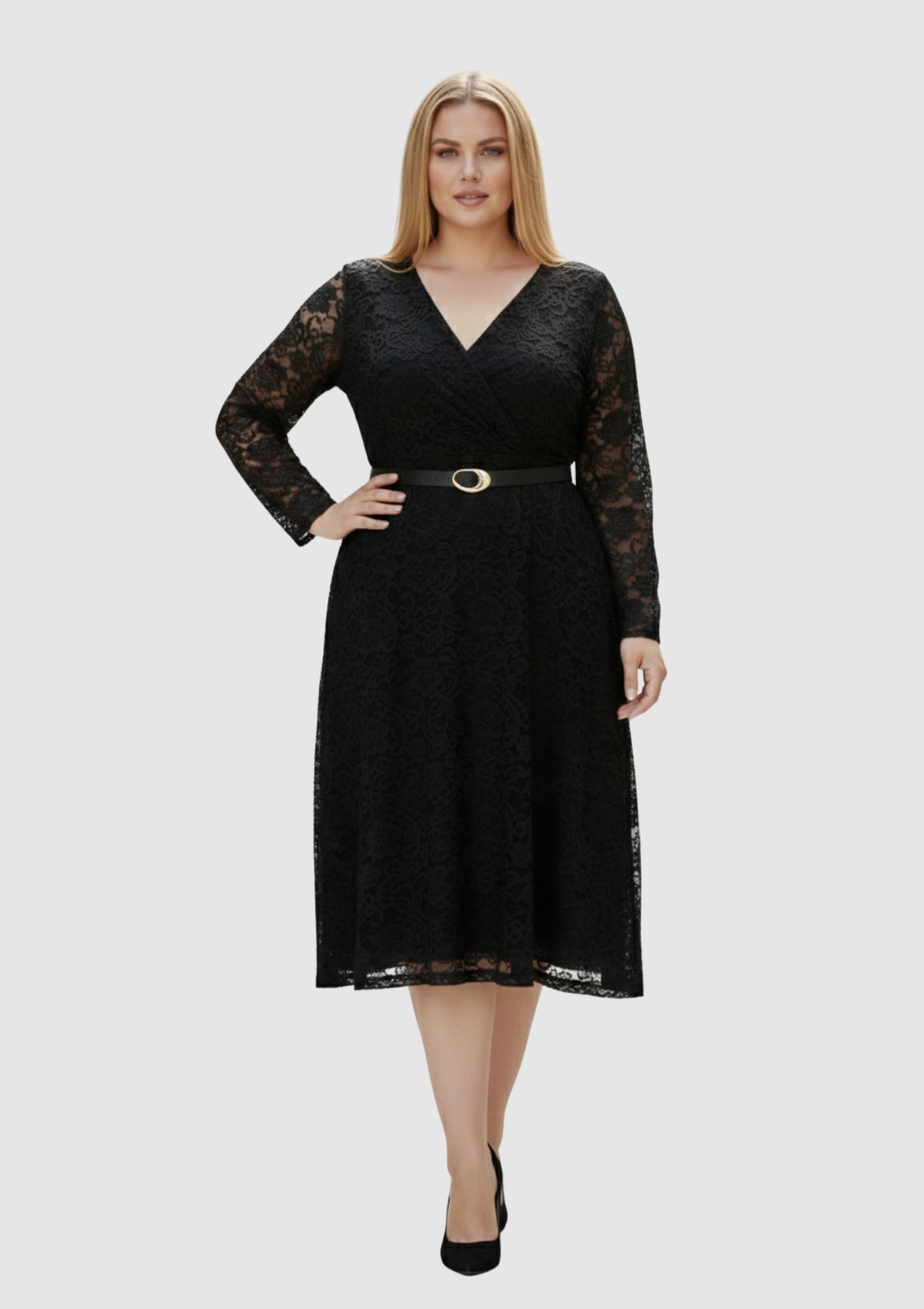 Büyük Beden Siyah Renkli Dantel Kruvaze Yaka Abiye Elbise