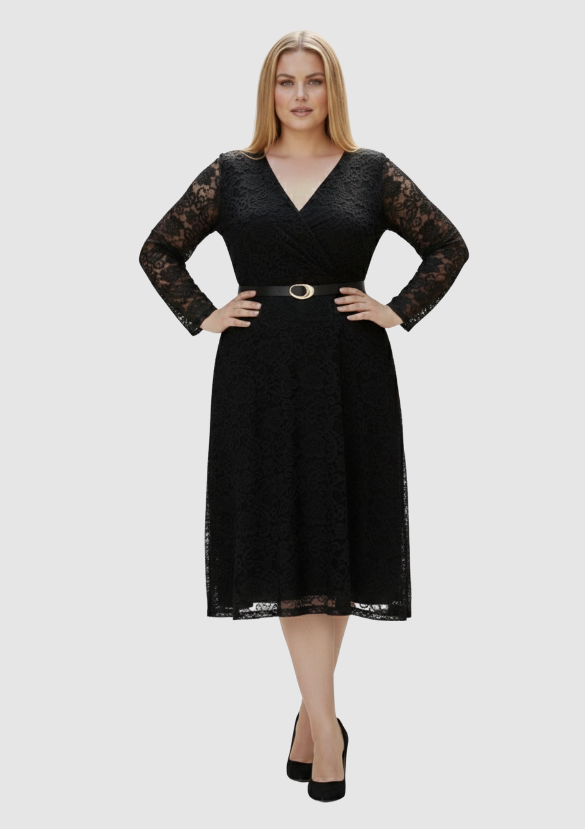 Büyük Beden Siyah Renkli Dantel Kruvaze Yaka Abiye Elbise