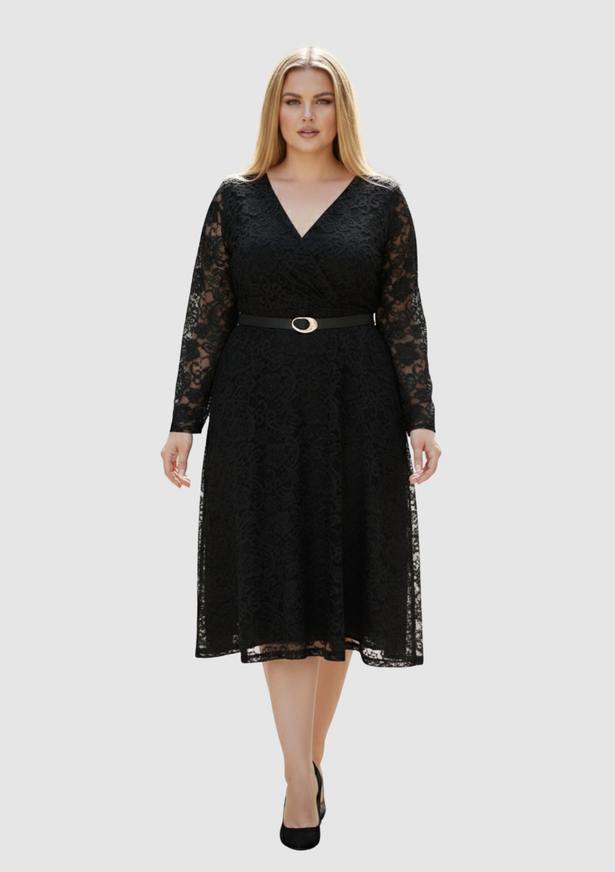 Büyük Beden Siyah Renkli Dantel Kruvaze Yaka Abiye Elbise