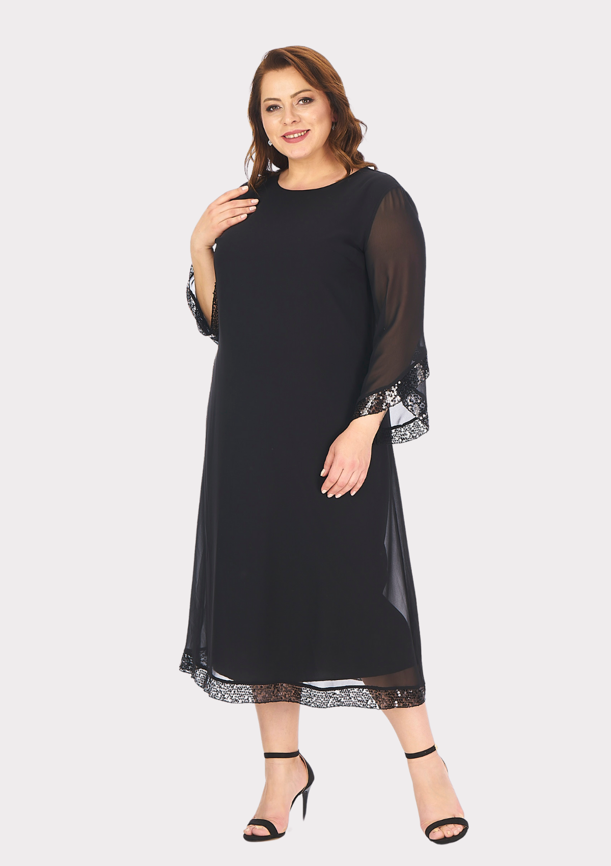 Büyük Beden Siyah Renkli Kısa Şifon Abiye Elbise