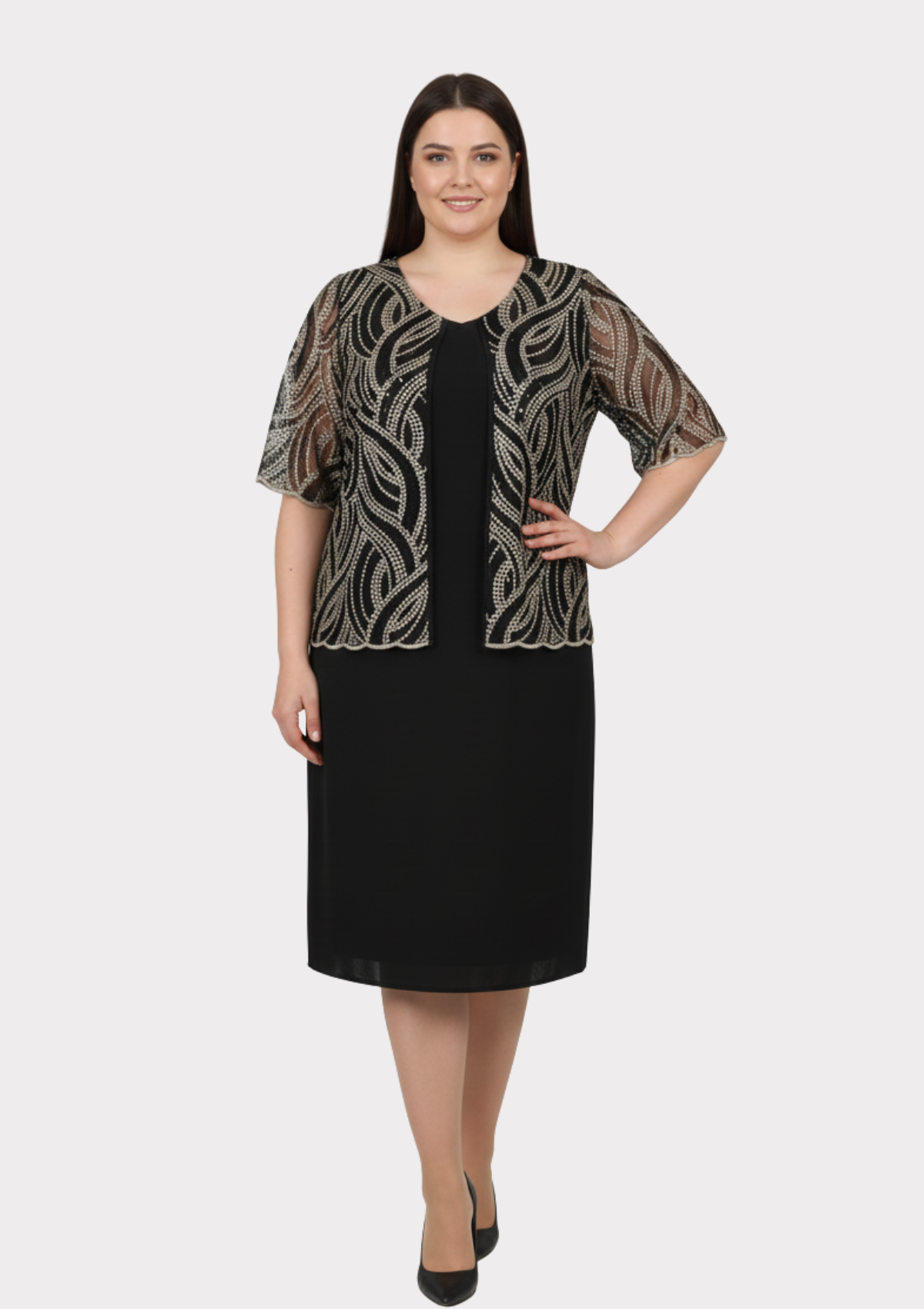 Büyük Beden Siyah Renkli Krep Kumaş Kısa Abiye Elbise